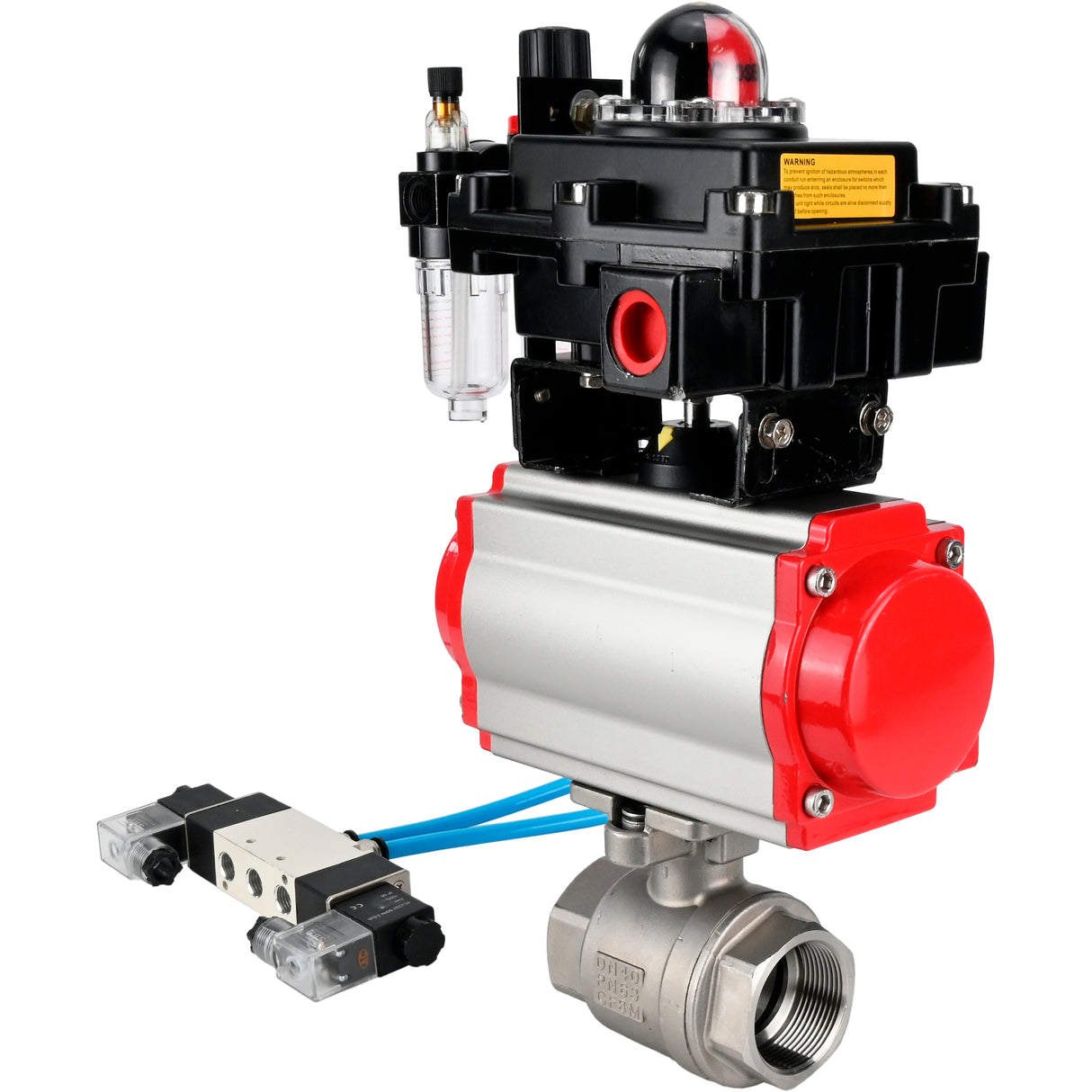 Ball valves Elephant BV3232P(2pc)-FP-T-ISO-H 16 bar, full bore coupling, stainless steel SS316, seal - PTFE, with double-acting PA-DA pneumatic actuator, with pneumatic distributor 4V320-10 220V, with LSU APL -410N EX, with ATU AFC2000