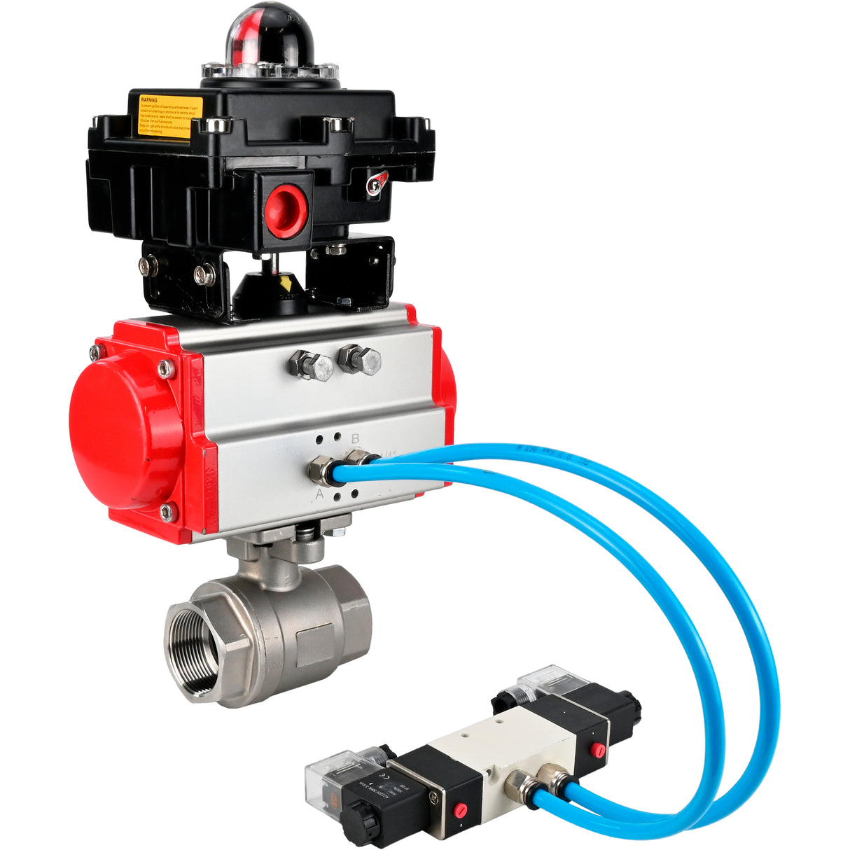 Robinets à boisseau sphérique Elephant BV3232P(2pc)-FP-T-ISO-H 16 bar, raccord à passage intégral, acier inoxydable SS316, joint - PTFE, avec actionneur pneumatique double effet PA-DA, avec distributeur pneumatique 4V320-10 220V, avec BKV APL -410N EX