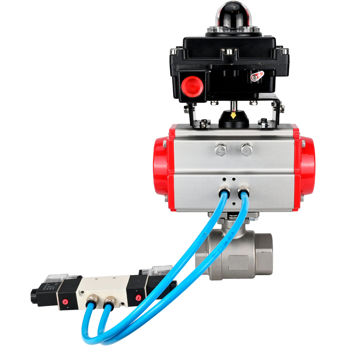 Robinets à boisseau sphérique Elephant BV3232P(2pc)-FP-T-ISO-H 16 bar, raccord à passage intégral, acier inoxydable SS316, joint - PTFE, avec actionneur pneumatique double effet PA-DA, avec distributeur pneumatique 4V320-10 220V, avec BKV APL -410N EX