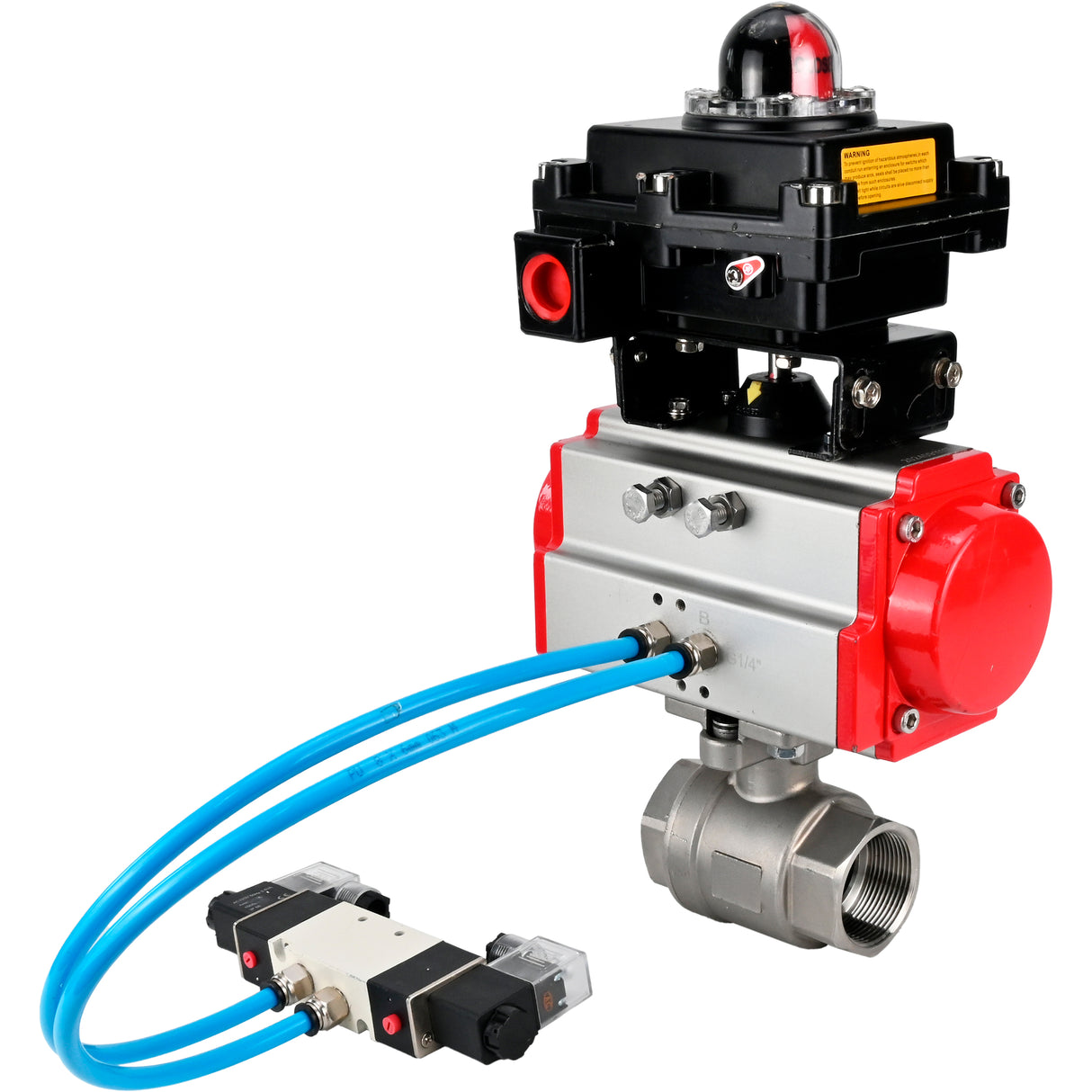 Robinets à boisseau sphérique Elephant BV3232P(2pc)-FP-T-ISO-H 16 bar, raccord à passage intégral, acier inoxydable SS316, joint - PTFE, avec actionneur pneumatique double effet PA-DA, avec distributeur pneumatique 4V320-10 220V, avec BKV APL -410N EX