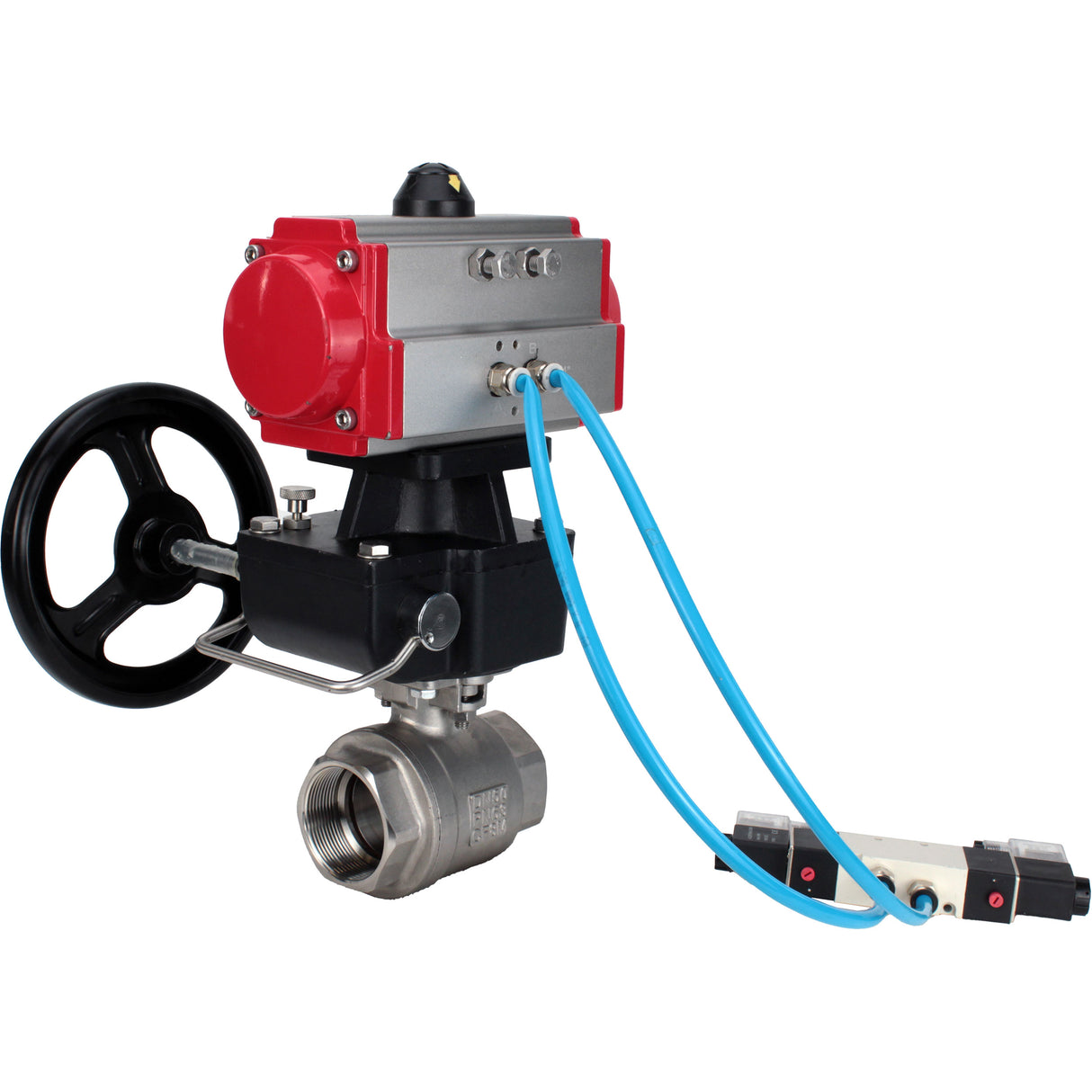 Ball valves Elephant BV3232P(2pc)-FP-T-ISO-H DN10-50 16 bar, full bore coupling, stainless steel SS316, seal - PTFE, with double-acting PA-DA pneumatic actuator, with pneumatic distributor 4V320-08 220V, with manual DNbler MON1-250-T26-ISO