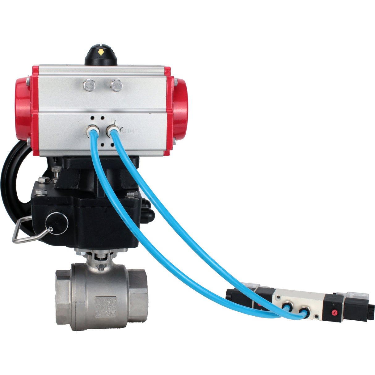 Ball valves Elephant BV3232P(2pc)-FP-T-ISO-H DN10-50 16 bar, full bore coupling, stainless steel SS316, seal - PTFE, with double-acting PA-DA pneumatic actuator, with pneumatic distributor 4V320-08 220V, with manual DNbler MON1-250-T26-ISO