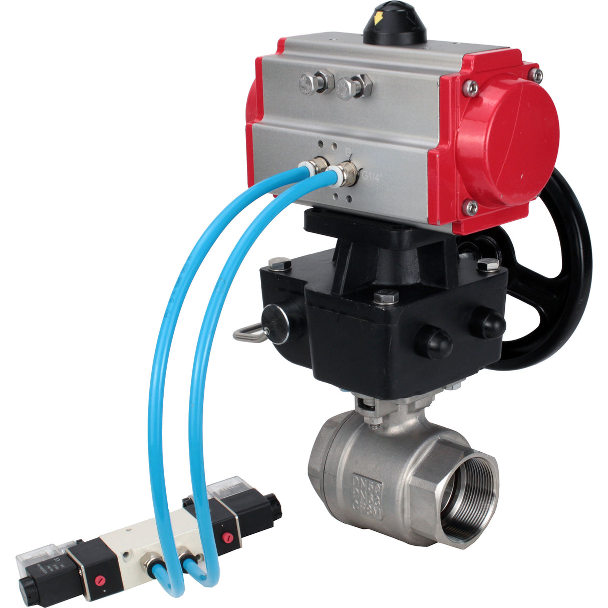 Ball valves Elephant BV3232P(2pc)-FP-T-ISO-H DN10-50 16 bar, full bore coupling, stainless steel SS316, seal - PTFE, with double-acting PA-DA pneumatic actuator, with pneumatic distributor 4V320-08 220V, with manual DNbler MON1-250-T26-ISO