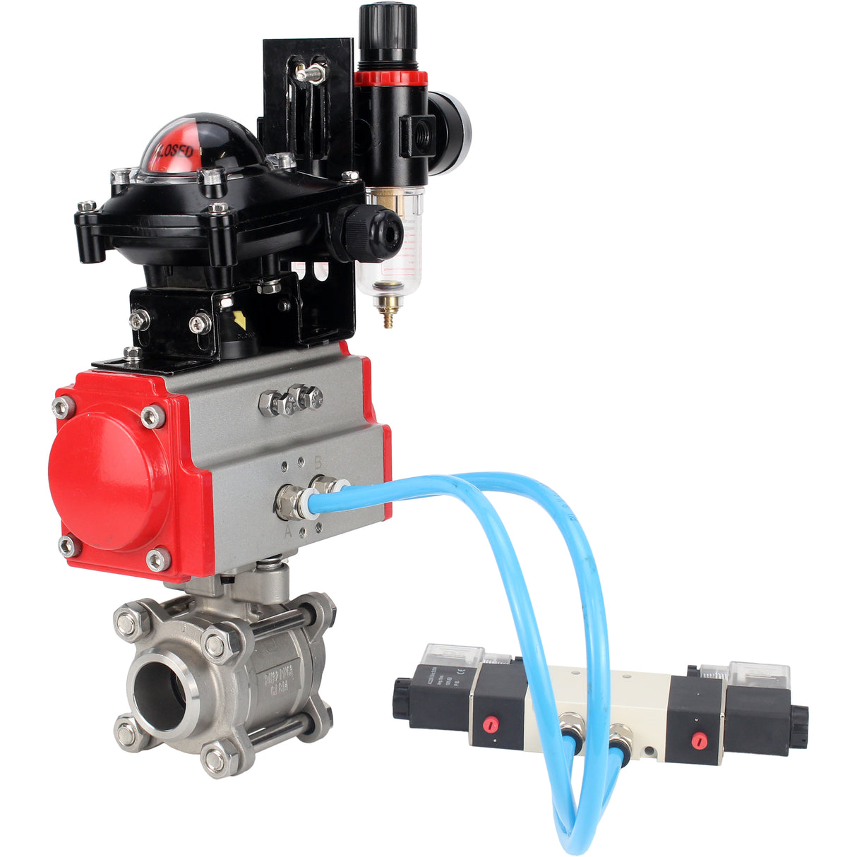 Ball valves Elephant BV3232P(3pc)-FP-W-ISO-H 16 bar/25, full bore for welding, stainless steel SS316, seal - PTFE, with double-acting PA-DA pneumatic actuator, with pneumatic distributor 4V320-08 220V, with LSU APL-210N, with ATU AFC2000