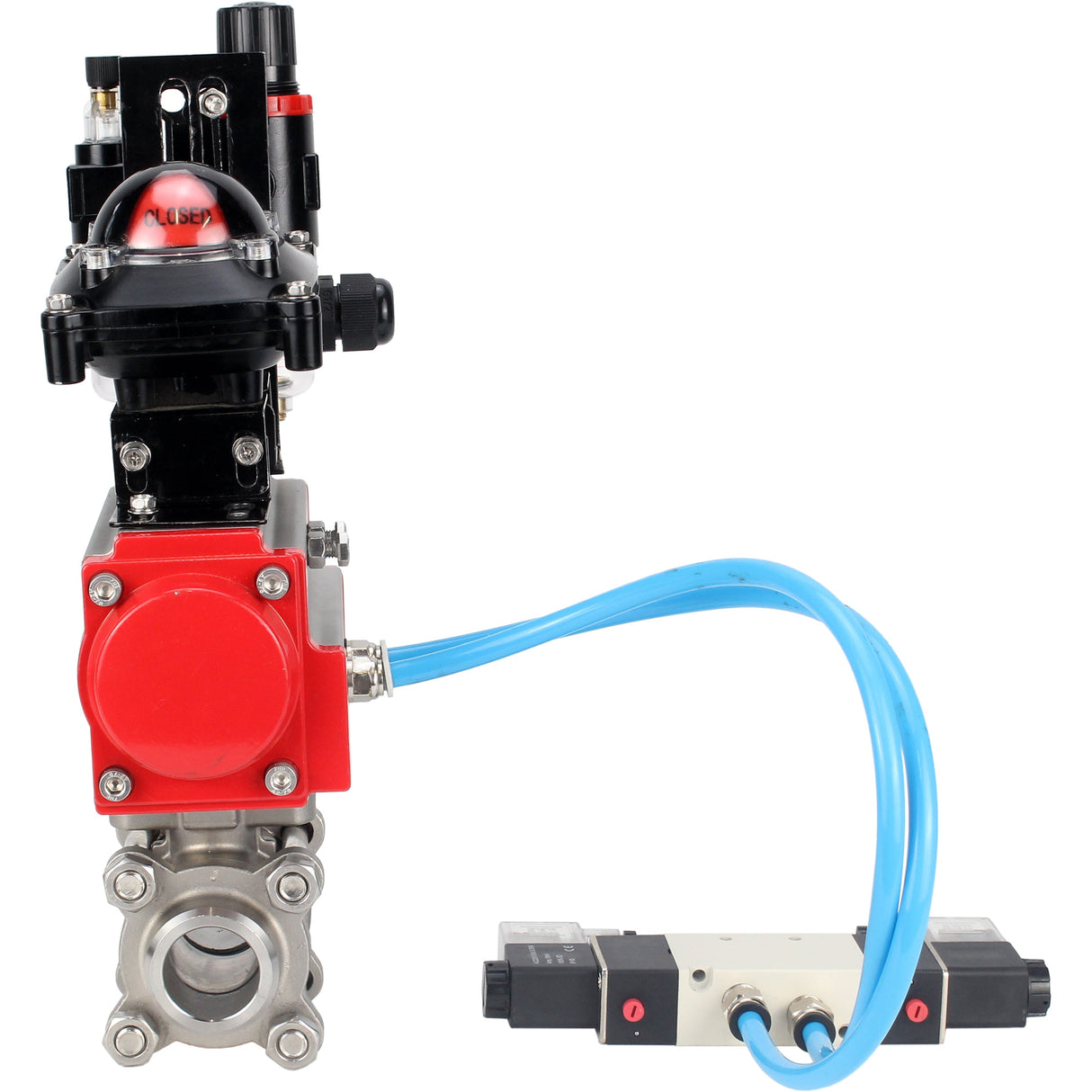 Ball valves Elephant BV3232P(3pc)-FP-W-ISO-H 16 bar/25, full bore for welding, stainless steel SS316, seal - PTFE, with double-acting PA-DA pneumatic actuator, with pneumatic distributor 4V320-10 220V, with LSU APL-210N, with ATU AFC2000