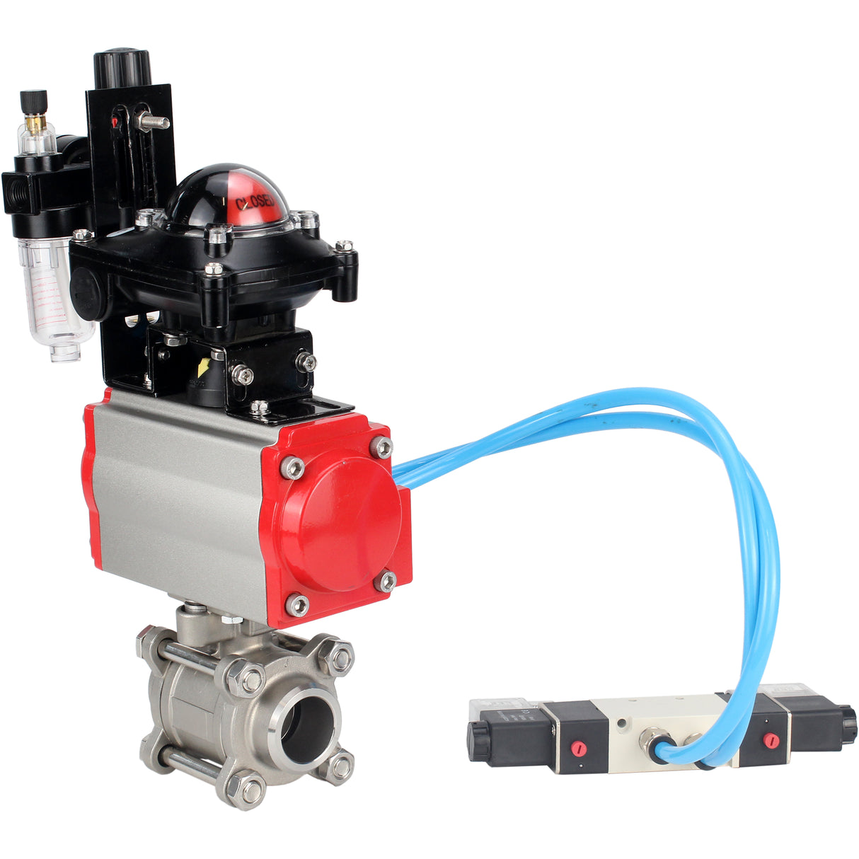 Ball valves Elephant BV3232P(3pc)-FP-W-ISO-H 16 bar/25, full bore for welding, stainless steel SS316, seal - PTFE, with double-acting PA-DA pneumatic actuator, with pneumatic distributor 4V320-08 220V, with LSU APL-210N, with ATU AFC2000