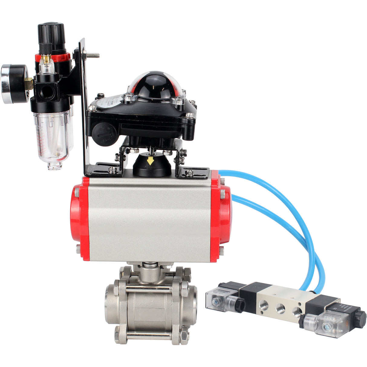 Ball valves Elephant BV3232P(3pc)-FP-W-ISO-H 16 bar/25, full bore for welding, stainless steel SS316, seal - PTFE, with double-acting PA-DA pneumatic actuator, with pneumatic distributor 4V320-08 220V, with LSU APL-210N, with ATU AFC2000