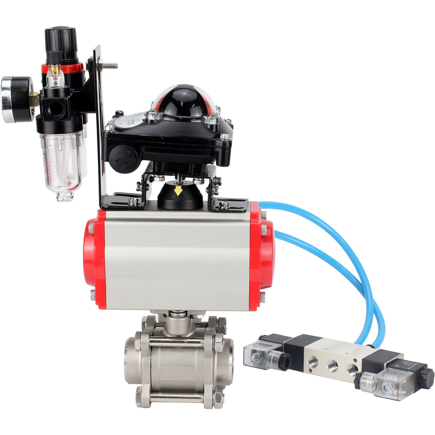 Ball valves Elephant BV3232P(3pc)-FP-W-ISO-H 16 bar/25, full bore for welding, stainless steel SS316, seal - PTFE, with double-acting PA-DA pneumatic actuator, with pneumatic distributor 4V320-08 220V, with LSU APL-210N, with ATU AFC2000