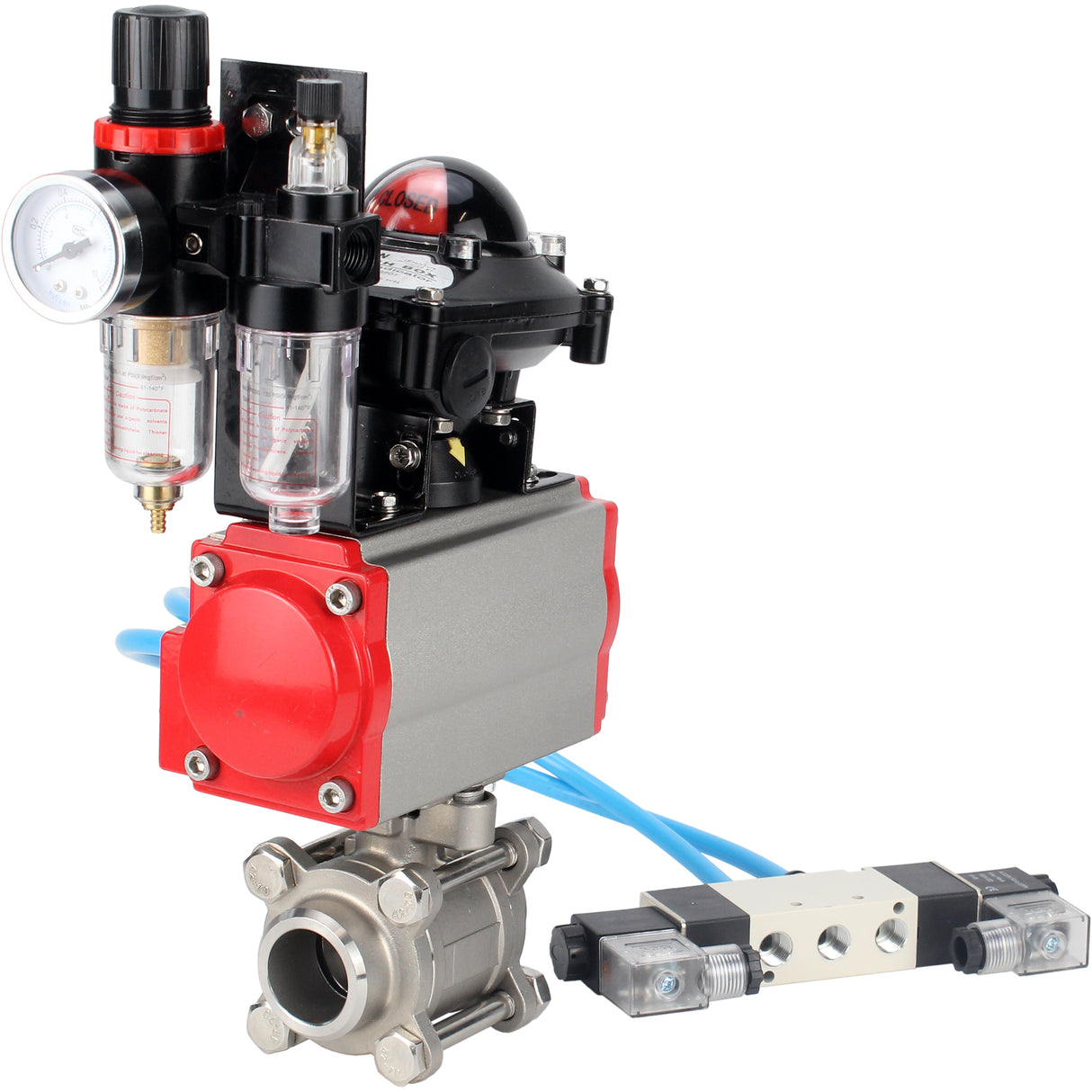 Ball valves Elephant BV3232P(3pc)-FP-W-ISO-H 16 bar/25, full bore for welding, stainless steel SS316, seal - PTFE, with double-acting PA-DA pneumatic actuator, with pneumatic distributor 4V320-08 220V, with LSU APL-210N, with ATU AFC2000