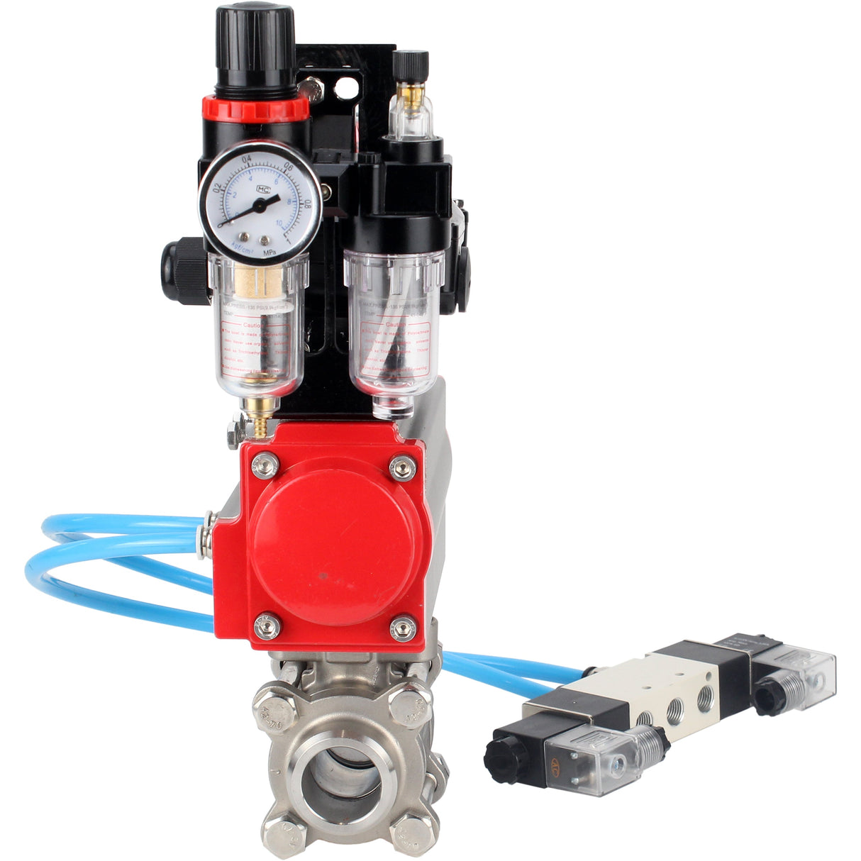 Ball valves Elephant BV3232P(3pc)-FP-W-ISO-H 16 bar/25, full bore for welding, stainless steel SS316, seal - PTFE, with double-acting PA-DA pneumatic actuator, with pneumatic distributor 4V320-10 220V, with LSU APL-210N, with ATU AFC2000