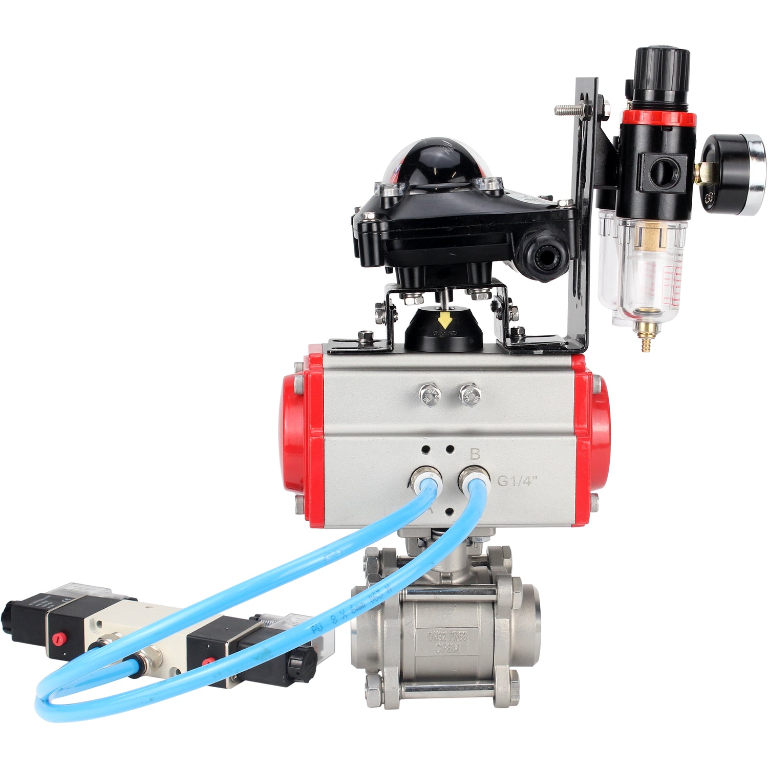 Ball valves Elephant BV3232P(3pc)-FP-W-ISO-H 16 bar/25, full bore for welding, stainless steel SS316, seal - PTFE, with double-acting PA-DA pneumatic actuator, with pneumatic distributor 4V320-08 220V, with LSU APL-210N, with ATU AFC2000