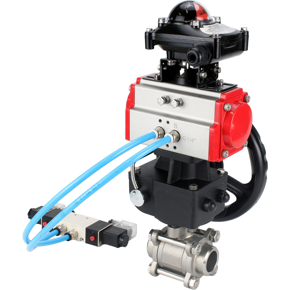 Ball valves Elephant BV3232P(3pc)-FP-W-ISO-H DN10-50 16 bar/40, full bore for welding, stainless steel SS316, seal - PTFE, with double-acting PA-DA pneumatic actuator, with pneumatic distributor 4V320-08 220V, with LSU APL-210N, with manual Doubler MON1-2