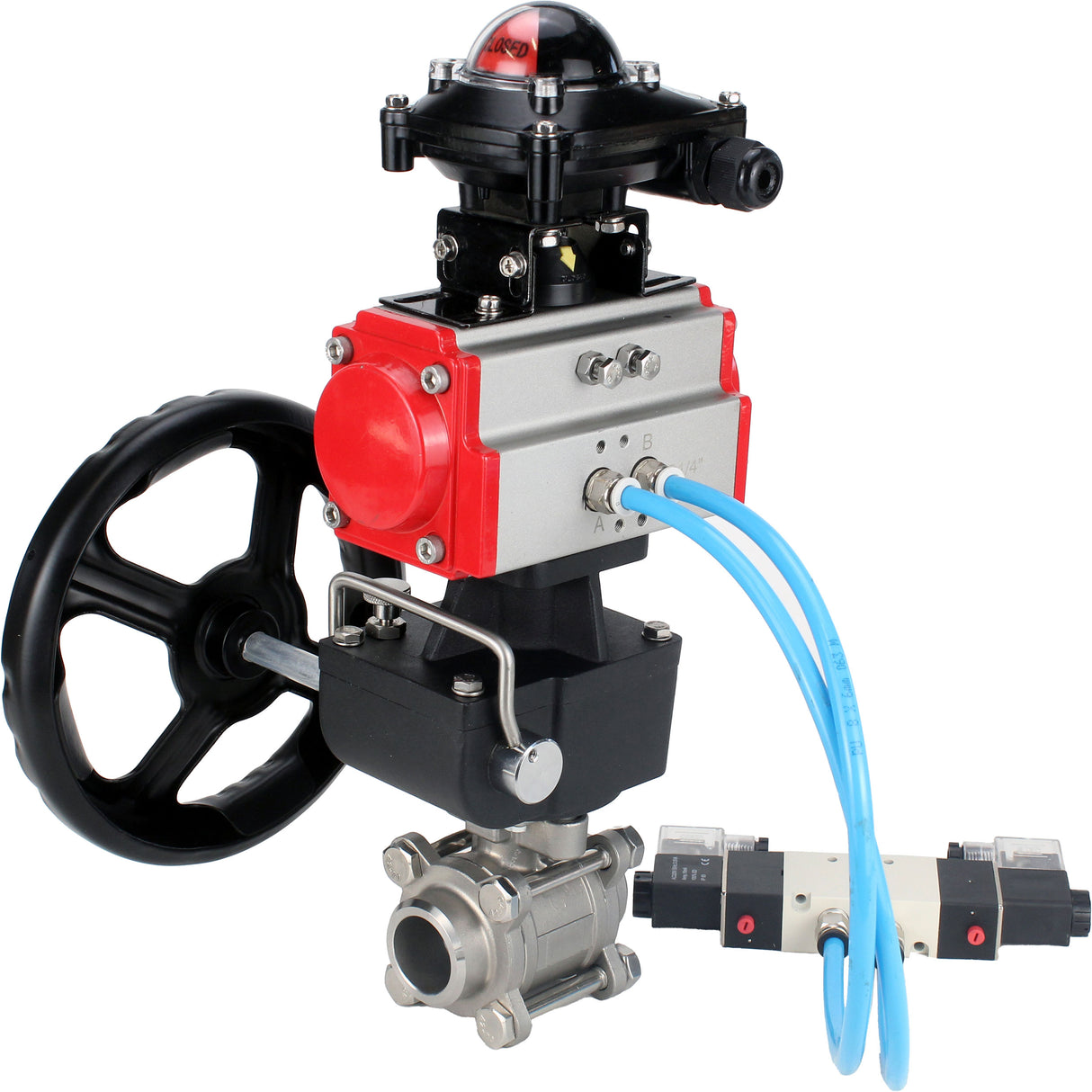 Ball valves Elephant BV3232P(3pc)-FP-W-ISO-H DN10-50 16 bar/40, full bore for welding, stainless steel SS316, seal - PTFE, with double-acting PA-DA pneumatic actuator, with pneumatic distributor 4V320-08 220V, with LSU APL-210N, with manual Doubler MON1-2