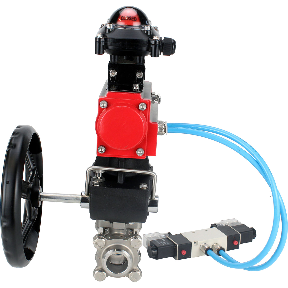 Ball valves Elephant BV3232P(3pc)-FP-W-ISO-H DN10-50 16 bar/40, full bore for welding, stainless steel SS316, seal - PTFE, with double-acting PA-DA pneumatic actuator, with pneumatic distributor 4V320-08 220V, with LSU APL-210N, with manual Doubler MON1-2