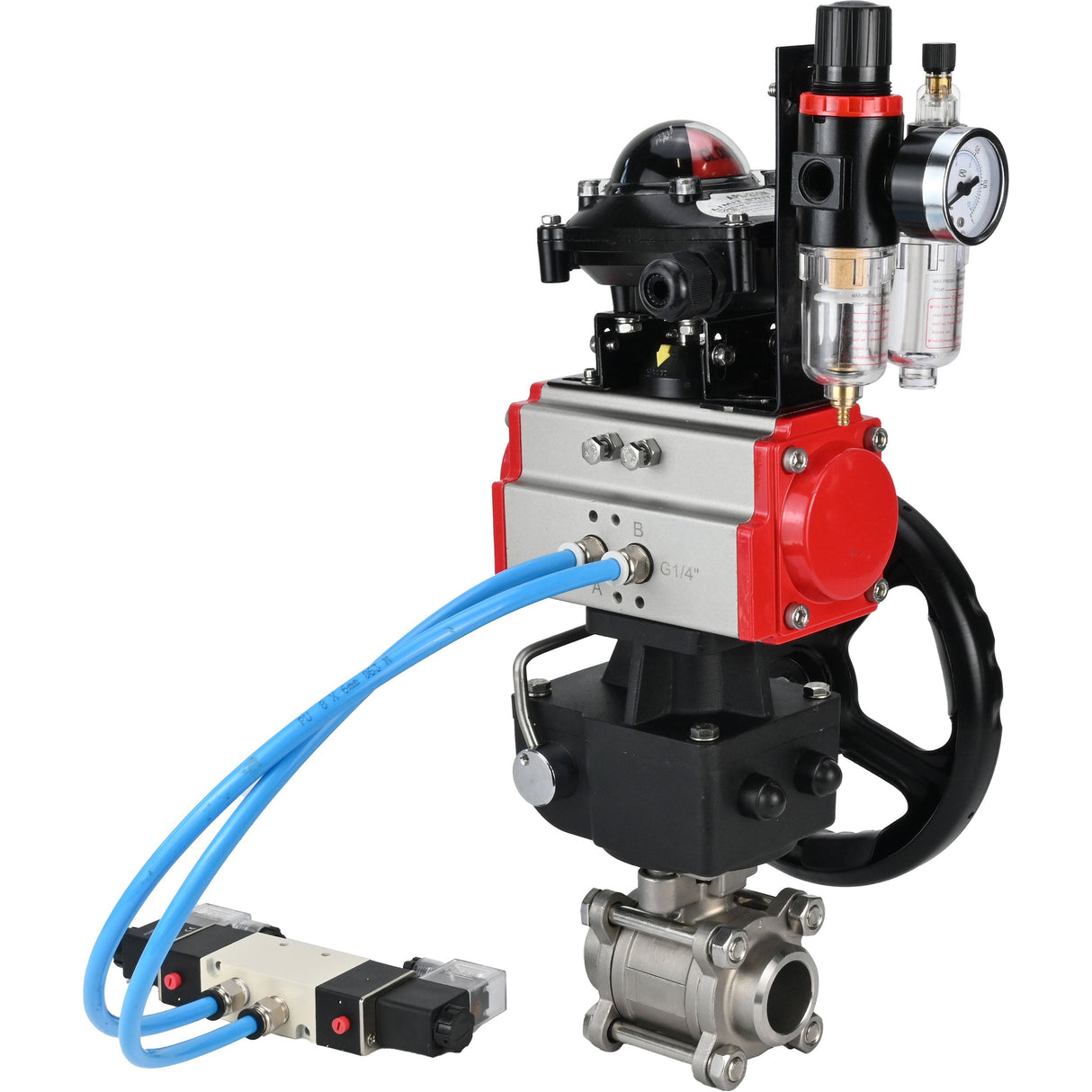 Ball valves Elephant BV3232P(3pc)-FP-W-ISO-H DN10-50 16 bar/40, full bore for welding, stainless steel SS316, PTFE, with double-acting PA-DA pneumatic actuator, with pneumatic distributor 4V320-08 220V, with LSU APL-210N, manual Doubler MON1-250-T26-ISO,