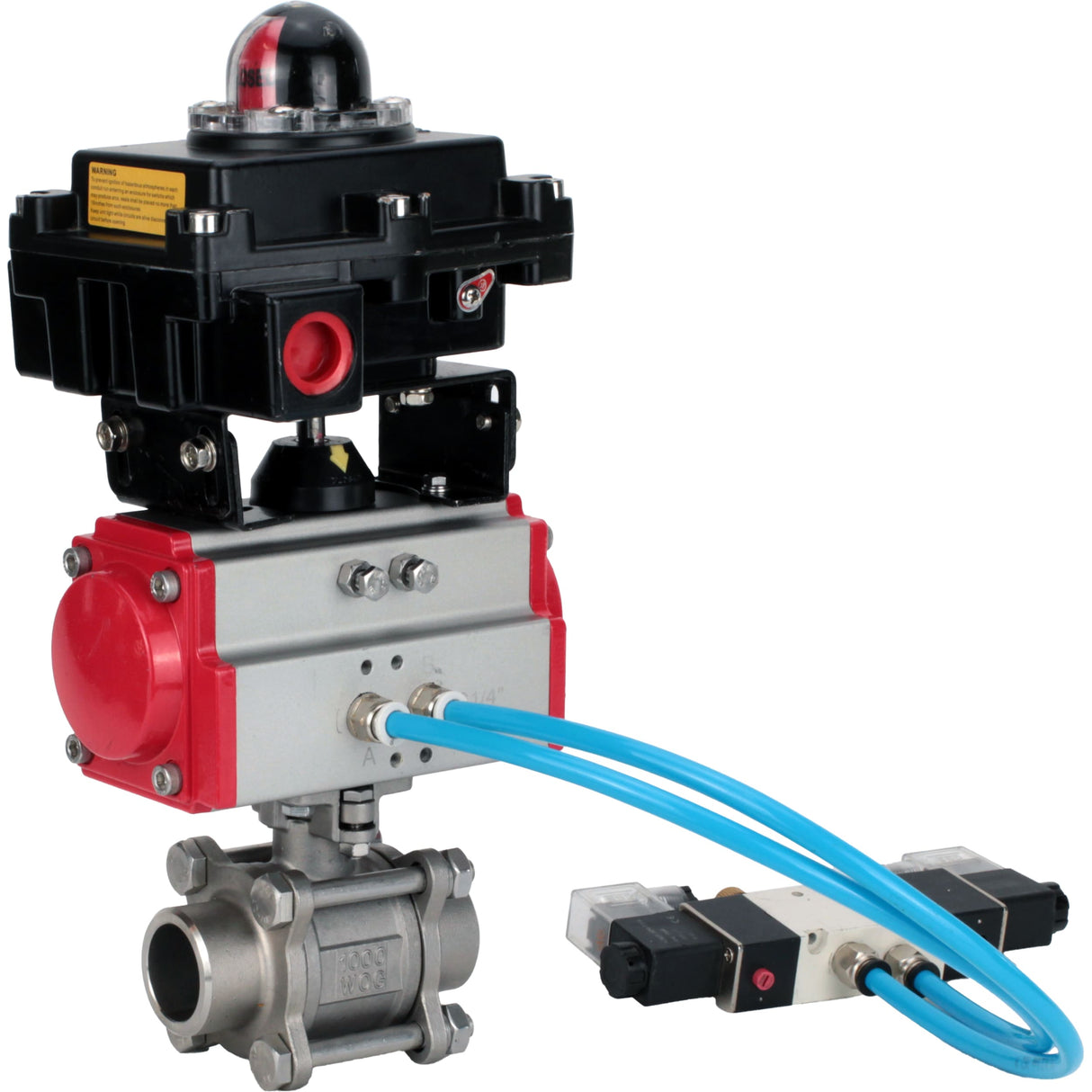 Vannes à boisseau sphérique Elephant BV3232P(3pc)-FP-W-ISO-H 16 bar/25, passage intégral à souder, acier inoxydable SS316, joint - PTFE, avec actionneur pneumatique double effet PA-DA, avec distributeur pneumatique 4V320-08 220V, avec BKV APL-410N EX