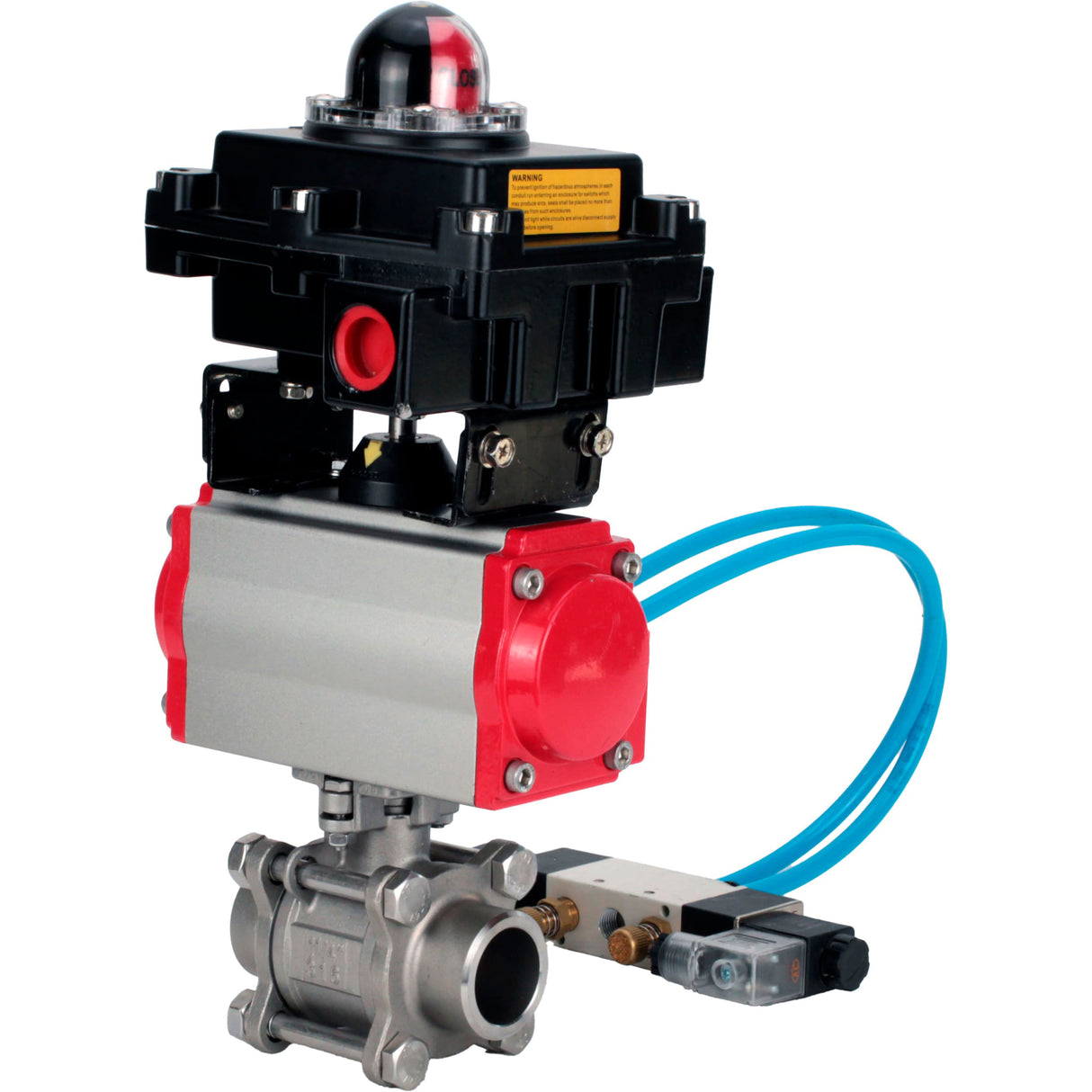 Vannes à boisseau sphérique Elephant BV3232P(3pc)-FP-W-ISO-H 16 bar/25, passage intégral à souder, acier inoxydable SS316, joint - PTFE, avec actionneur pneumatique double effet PA-DA, avec distributeur pneumatique 4V320-08 220V, avec BKV APL-410N EX