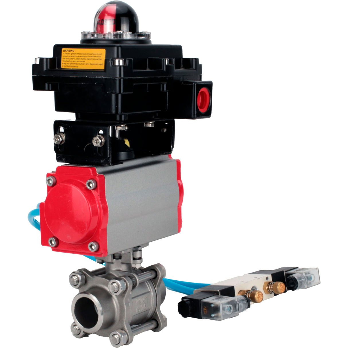 Vannes à boisseau sphérique Elephant BV3232P(3pc)-FP-W-ISO-H 16 bar/25, passage intégral à souder, acier inoxydable SS316, joint - PTFE, avec actionneur pneumatique double effet PA-DA, avec distributeur pneumatique 4V320-08 220V, avec BKV APL-410N EX