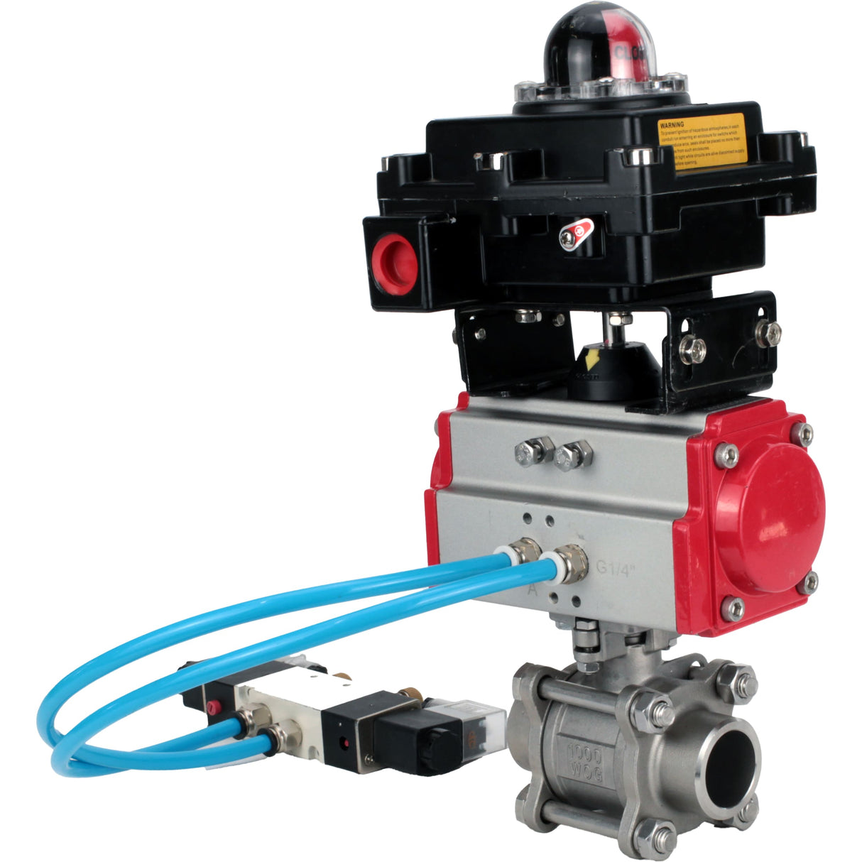 Vannes à boisseau sphérique Elephant BV3232P(3pc)-FP-W-ISO-H 16 bar/25, passage intégral à souder, acier inoxydable SS316, joint - PTFE, avec actionneur pneumatique double effet PA-DA, avec distributeur pneumatique 4V320-08 220V, avec BKV APL-410N EX