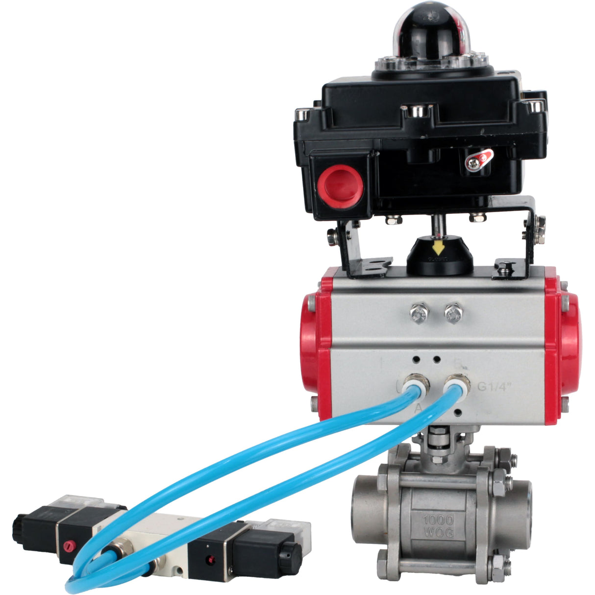 Vannes à boisseau sphérique Elephant BV3232P(3pc)-FP-W-ISO-H 16 bar/25, passage intégral à souder, acier inoxydable SS316, joint - PTFE, avec actionneur pneumatique double effet PA-DA, avec distributeur pneumatique 4V320-08 220V, avec BKV APL-410N EX