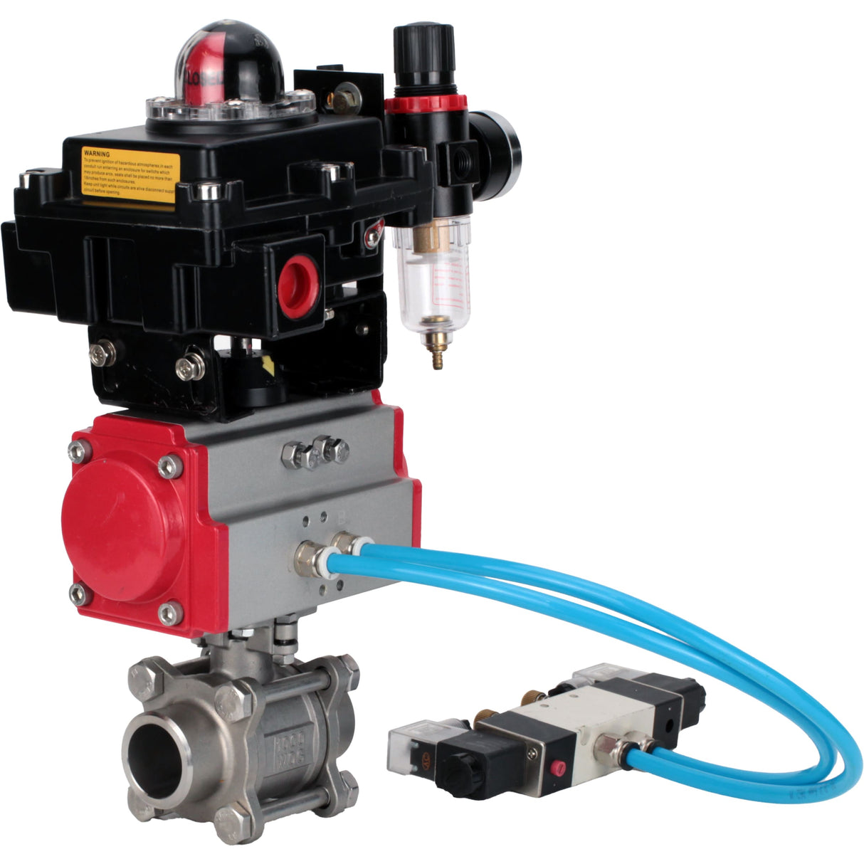 Ball valves Elephant BV3232P(3pc)-FP-W-ISO-H 16 bar/25, full bore for welding, stainless steel SS316, seal - PTFE, with double-acting PA-DA pneumatic actuator, with pneumatic distributor 4V320-08 220V, with LSU APL-410N EX, with ATU AFC2000