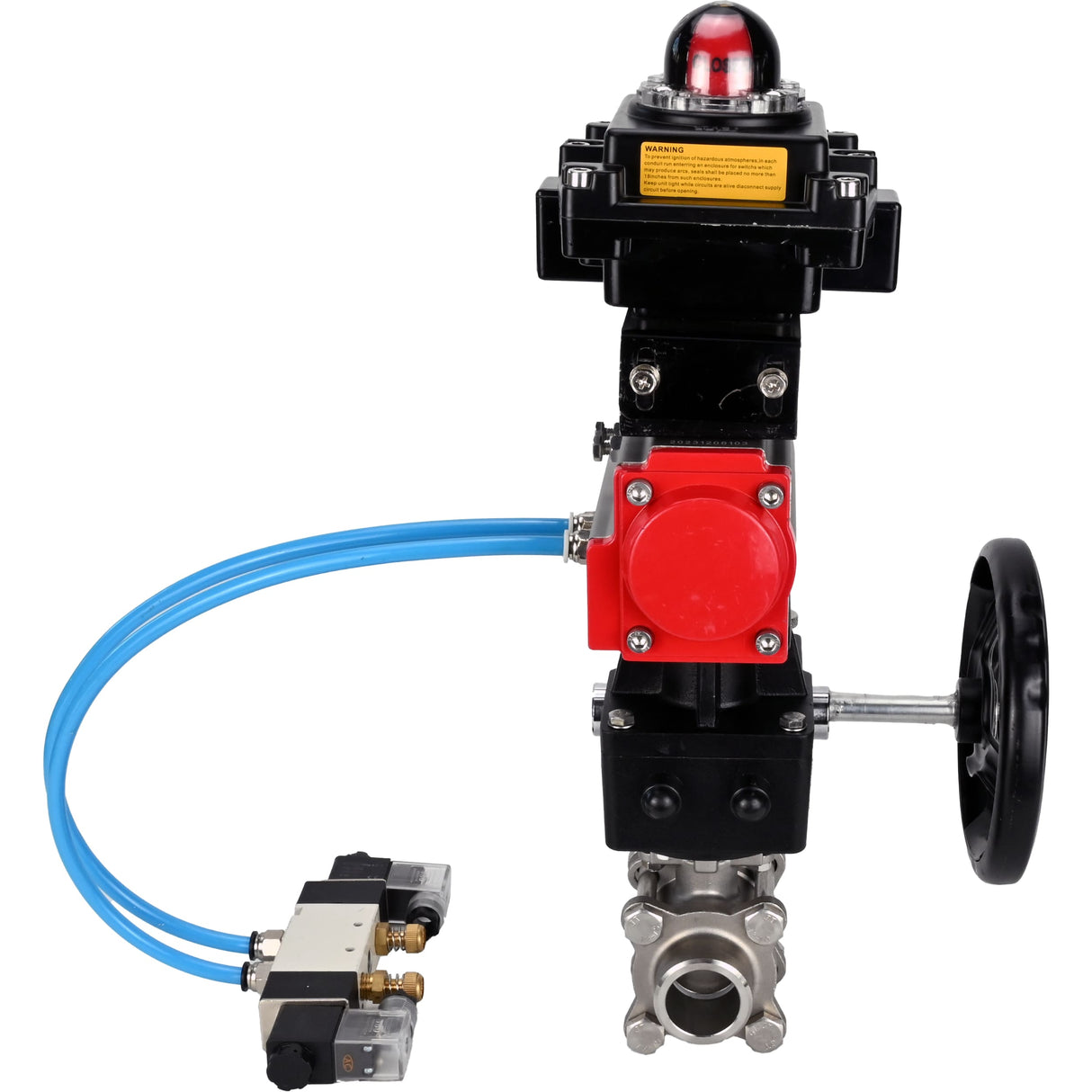 Ball valves Elephant BV3232P(3pc)-FP-W-ISO-H DN10-50 16 bar/40, full bore for welding, stainless steel SS316, PTFE, with double-acting PA-DA pneumatic actuator, with pneumatic distributor 4V320-08 220V, with LSU APL-410N EX, with manual Doubler MON1-250-T