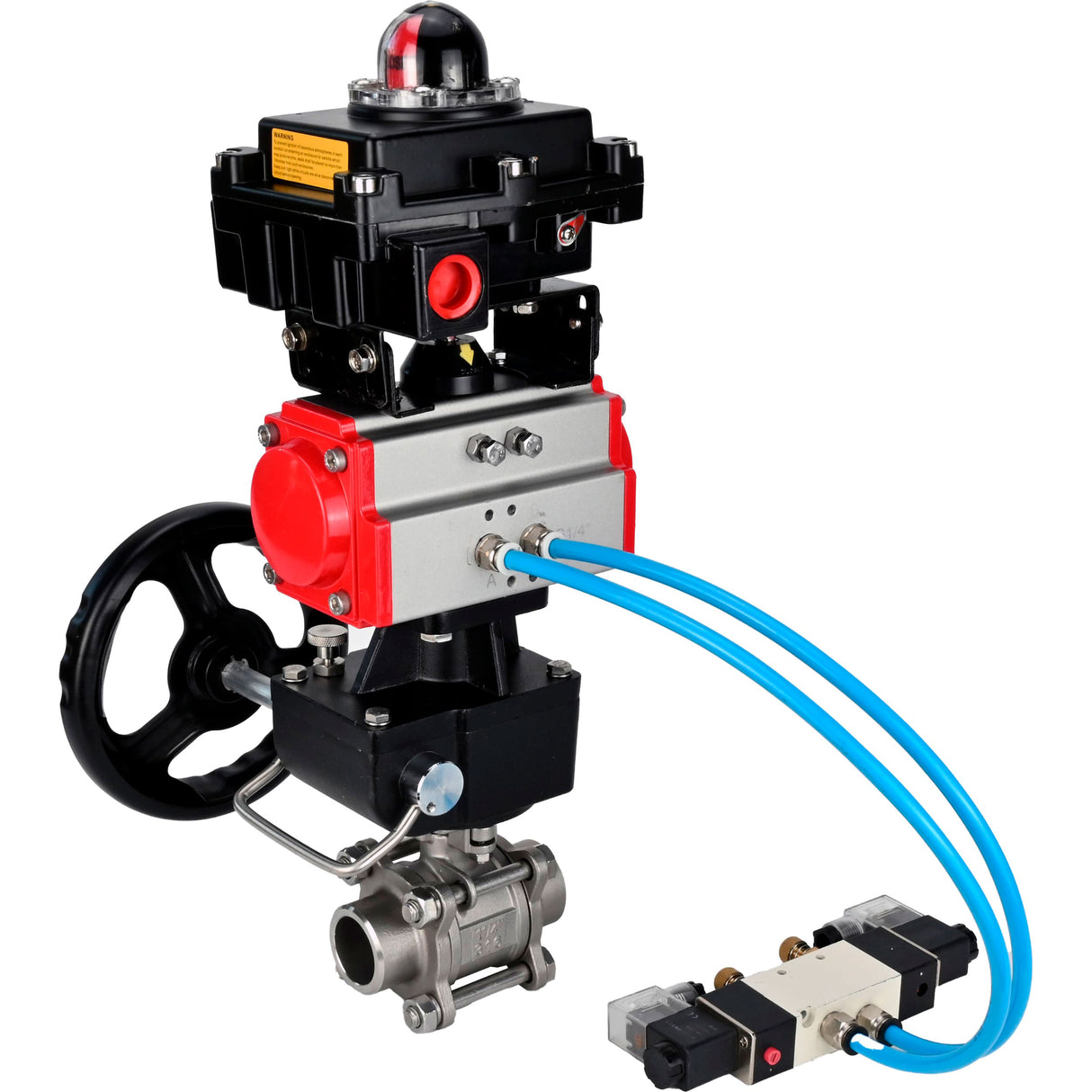 Ball valves Elephant BV3232P(3pc)-FP-W-ISO-H DN10-50 16 bar/40, full bore for welding, stainless steel SS316, PTFE, with double-acting PA-DA pneumatic actuator, with pneumatic distributor 4V320-08 220V, with LSU APL-410N EX, with manual Doubler MON1-250-T