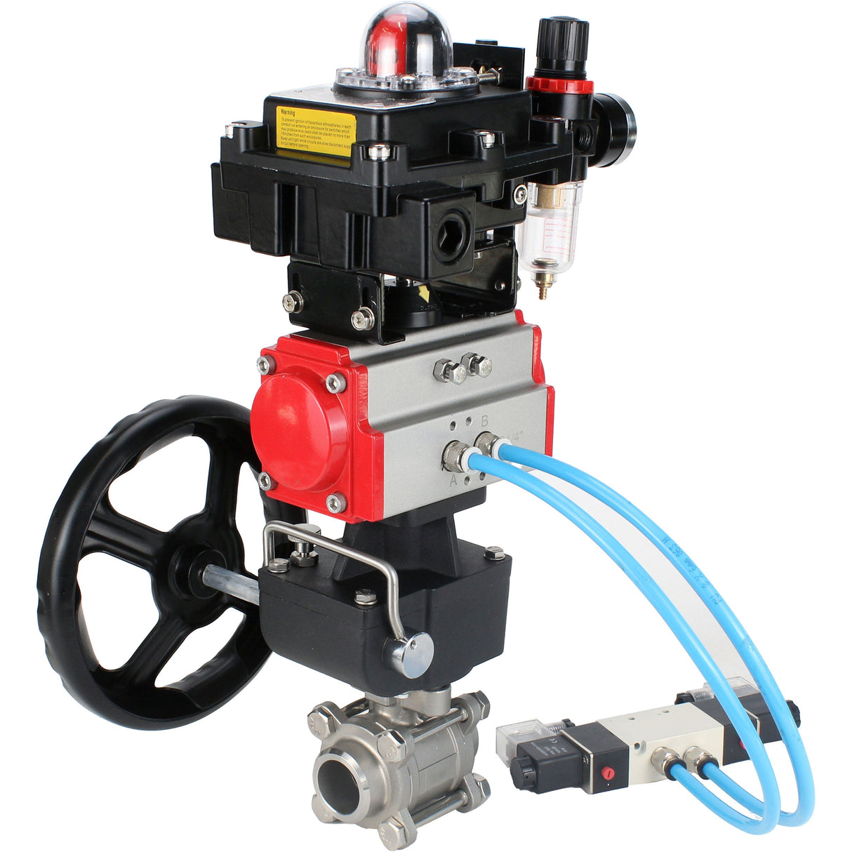 Ball valves Elephant BV3232P(3pc)-FP-W-ISO-H DN10-50 16 bar/40, full bore for welding, stainless steel SS316, PTFE, with pneumatic drive PA-DA, with pneumatic distributor 4V320-08 220V, with LSU APL- 410N EX, manual Doubler MON1-250-T26-ISO, with ATU AFC2