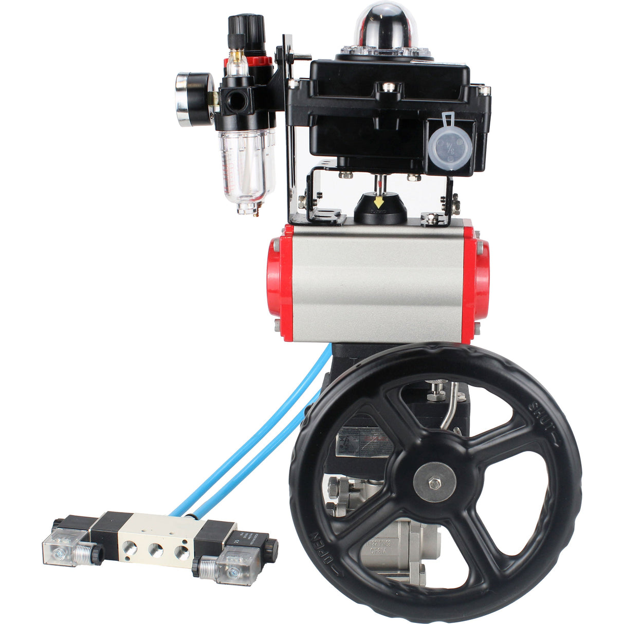 Ball valves Elephant BV3232P(3pc)-FP-W-ISO-H DN10-50 16 bar/40, full bore for welding, stainless steel SS316, PTFE, with pneumatic drive PA-DA, with pneumatic distributor 4V320-08 220V, with LSU APL- 410N EX, manual Doubler MON1-250-T26-ISO, with ATU AFC2