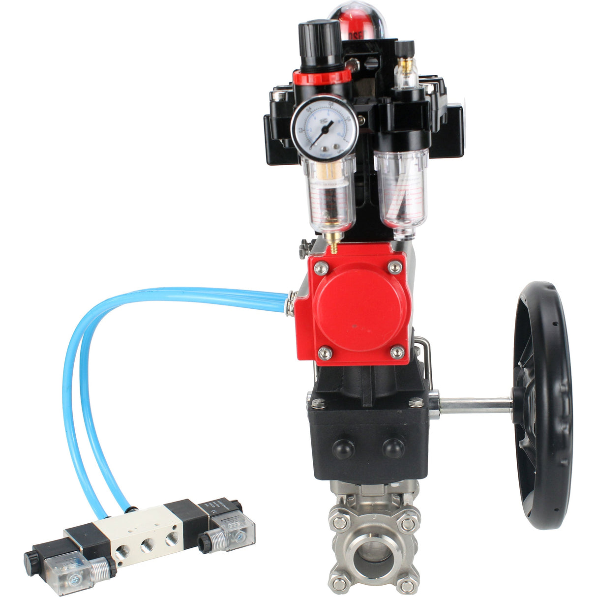 Ball valves Elephant BV3232P(3pc)-FP-W-ISO-H DN10-50 16 bar/40, full bore for welding, stainless steel SS316, PTFE, with pneumatic drive PA-DA, with pneumatic distributor 4V320-08 220V, with LSU APL- 410N EX, manual Doubler MON1-250-T26-ISO, with ATU AFC2