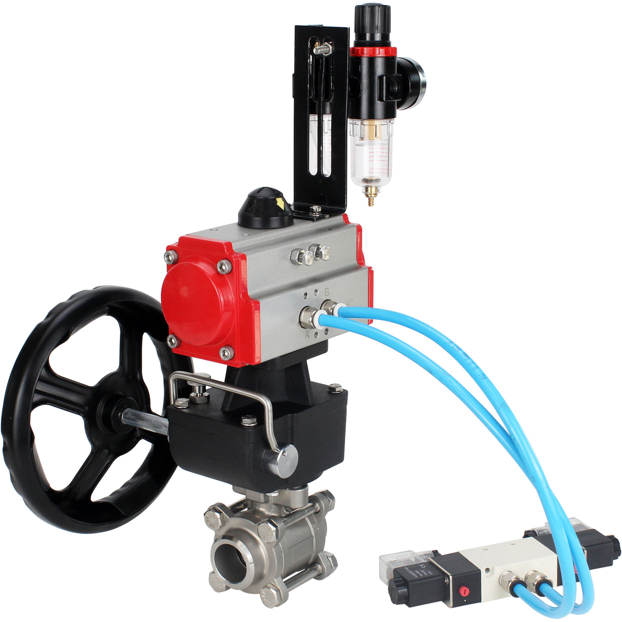Ball valves Elephant BV3232P(3pc)-FP-W-ISO-H DN10-50 16 bar/40, full bore for welding, stainless steel SS316, seal - PTFE, with double-acting PA-DA pneumatic actuator, with pneumatic distributor 4V320-08 220V, with manual Doubler MON1-250-T26-ISO, with po