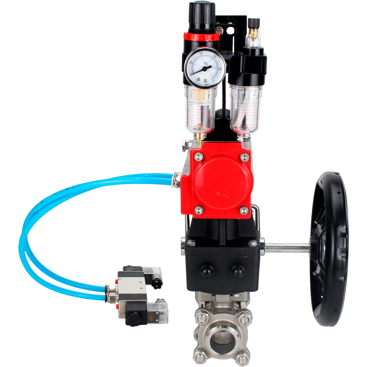 Ball valves Elephant BV3232P(3pc)-FP-W-ISO-H DN10-50 16 bar/40, full bore for welding, stainless steel SS316, seal - PTFE, with double-acting PA-DA pneumatic actuator, with pneumatic distributor 4V320-08 220V, with manual Doubler MON1-250-T26-ISO, with po