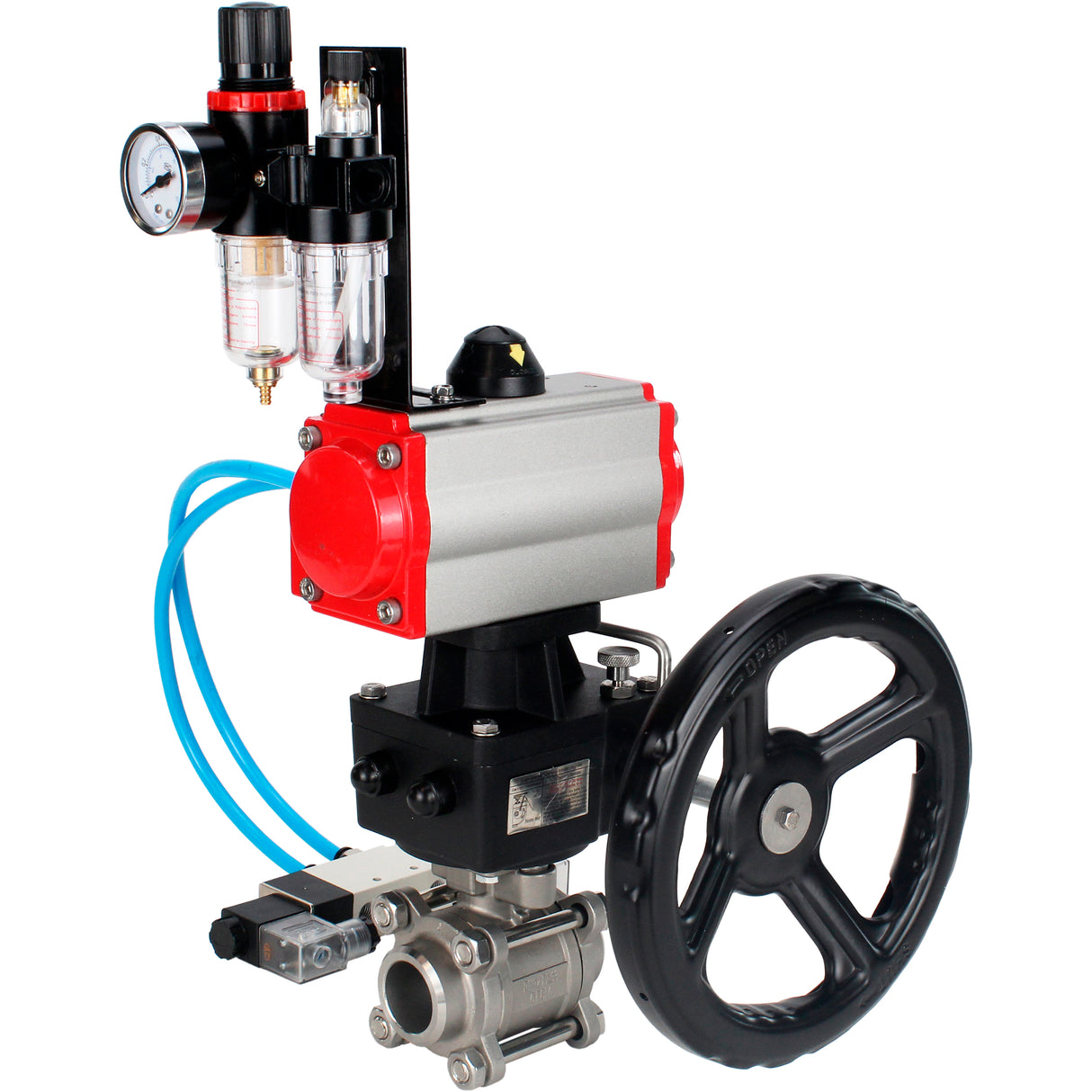 Ball valves Elephant BV3232P(3pc)-FP-W-ISO-H DN10-50 16 bar/40, full bore for welding, stainless steel SS316, seal - PTFE, with double-acting PA-DA pneumatic actuator, with pneumatic distributor 4V320-08 220V, with manual Doubler MON1-250-T26-ISO, with po