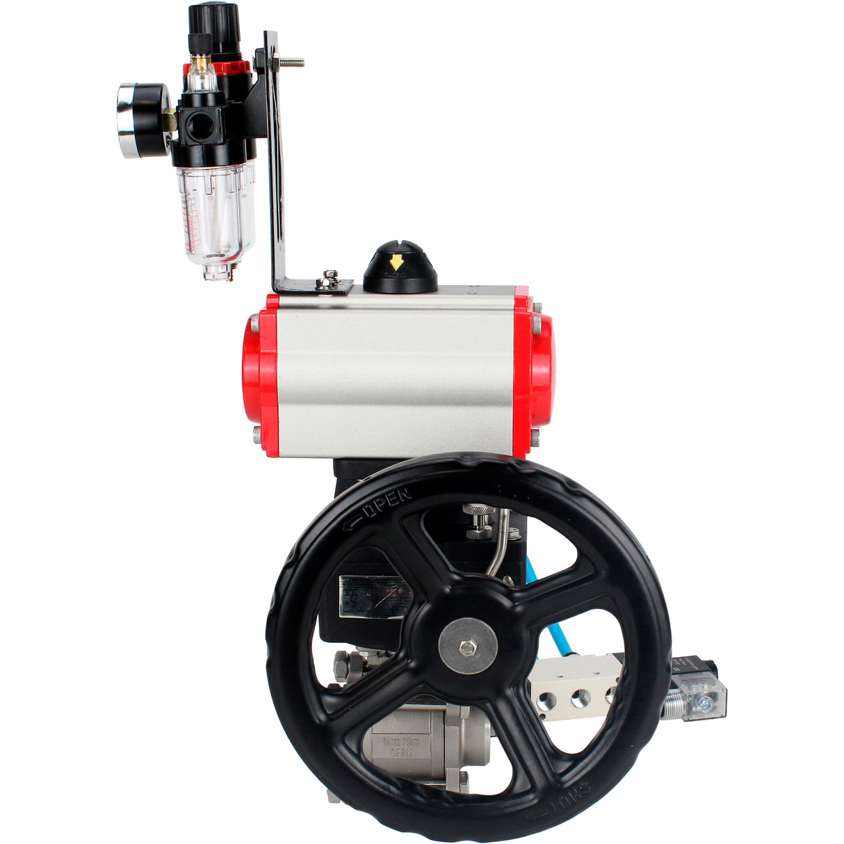 Ball valves Elephant BV3232P(3pc)-FP-W-ISO-H DN10-50 16 bar/40, full bore for welding, stainless steel SS316, seal - PTFE, with double-acting PA-DA pneumatic actuator, with pneumatic distributor 4V320-08 220V, with manual Doubler MON1-250-T26-ISO, with po