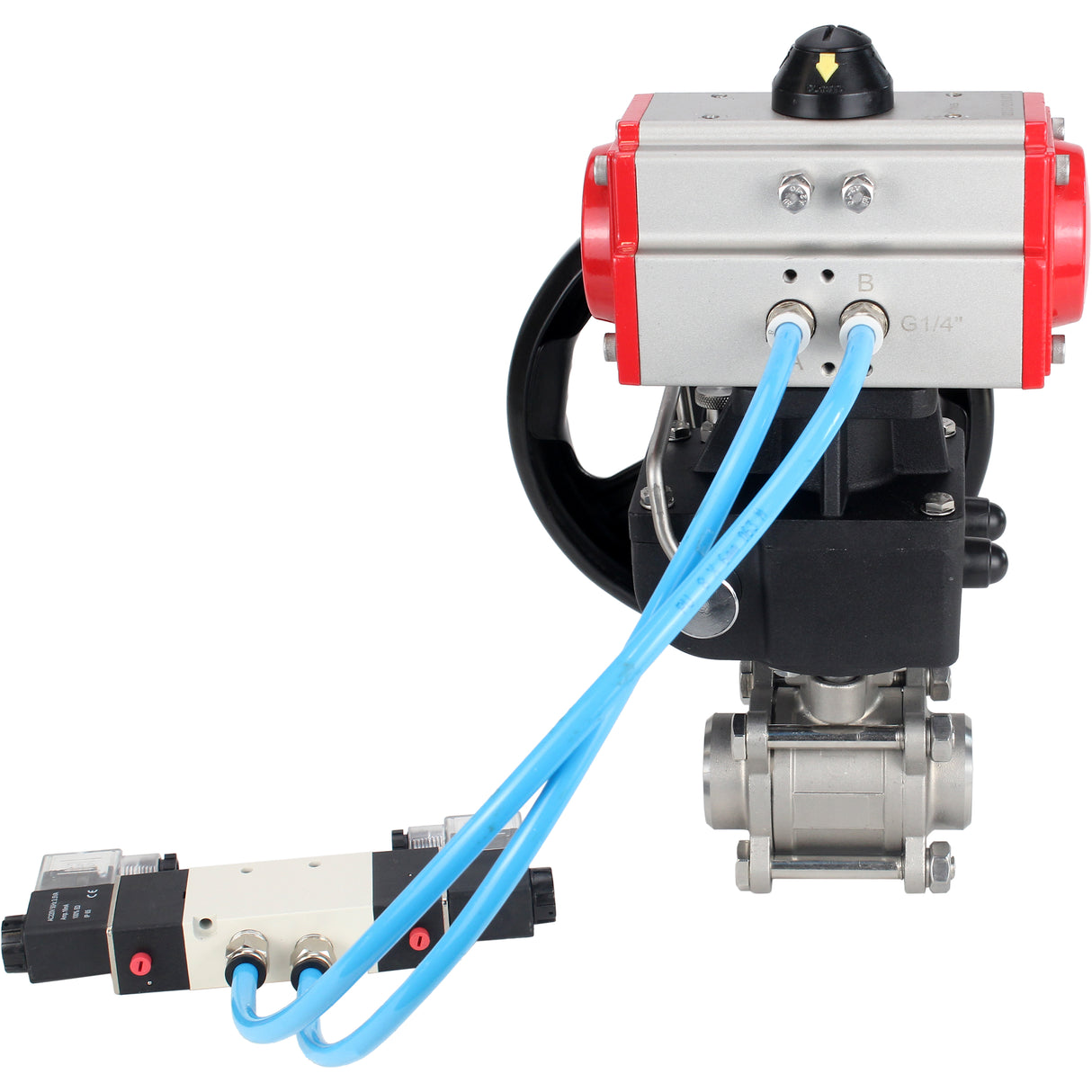 Ball valves Elephant BV3232P(3pc)-FP-W-ISO-H DN10-50 16 bar/40, full bore for welding, stainless steel SS316, seal - PTFE, with double-acting PA-DA pneumatic actuator, with pneumatic distributor 4V320-08 220V, with manual Doubler MON1-250-T26-ISO