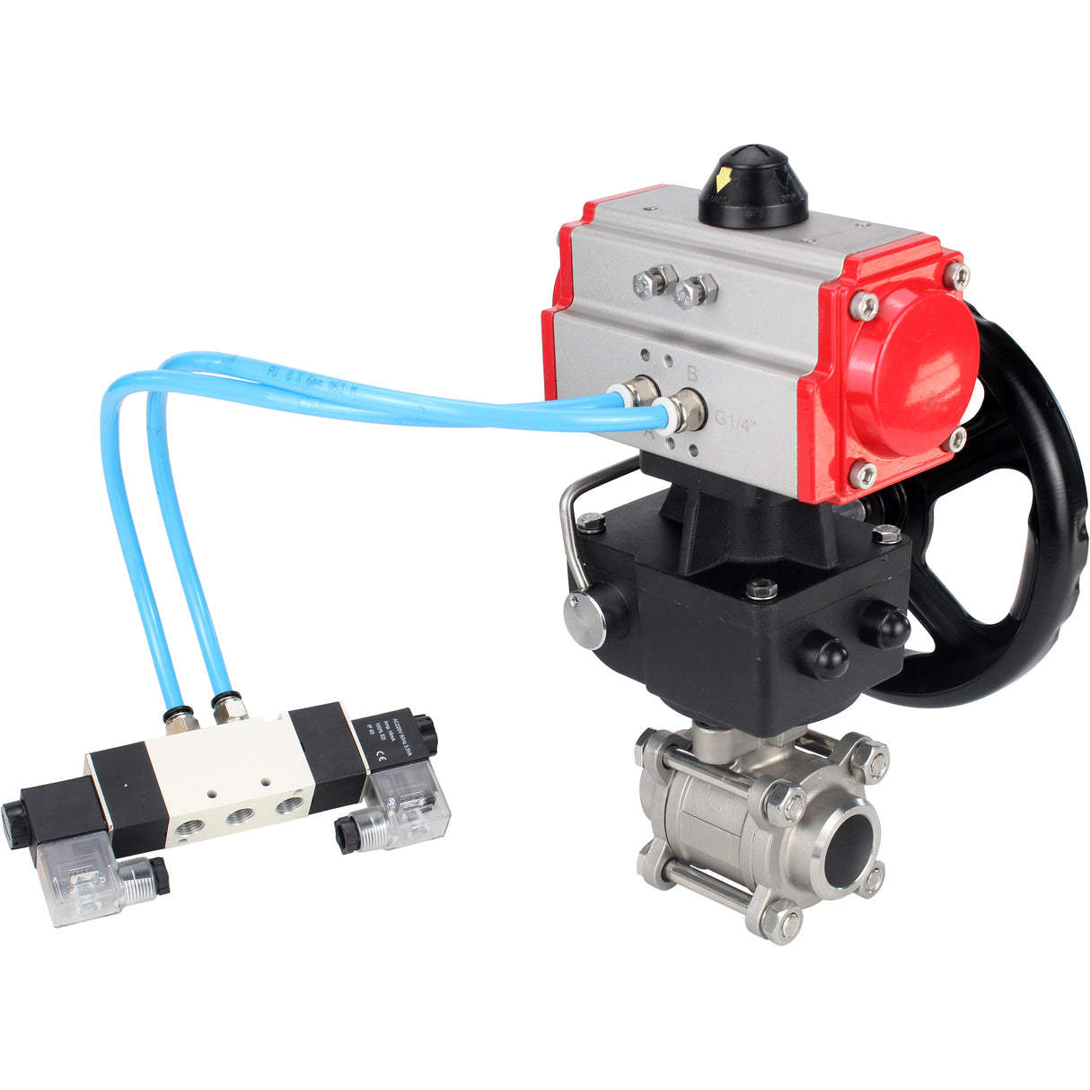 Ball valves Elephant BV3232P(3pc)-FP-W-ISO-H DN10-50 16 bar/40, full bore for welding, stainless steel SS316, seal - PTFE, with double-acting PA-DA pneumatic actuator, with pneumatic distributor 4V320-08 220V, with manual Doubler MON1-250-T26-ISO