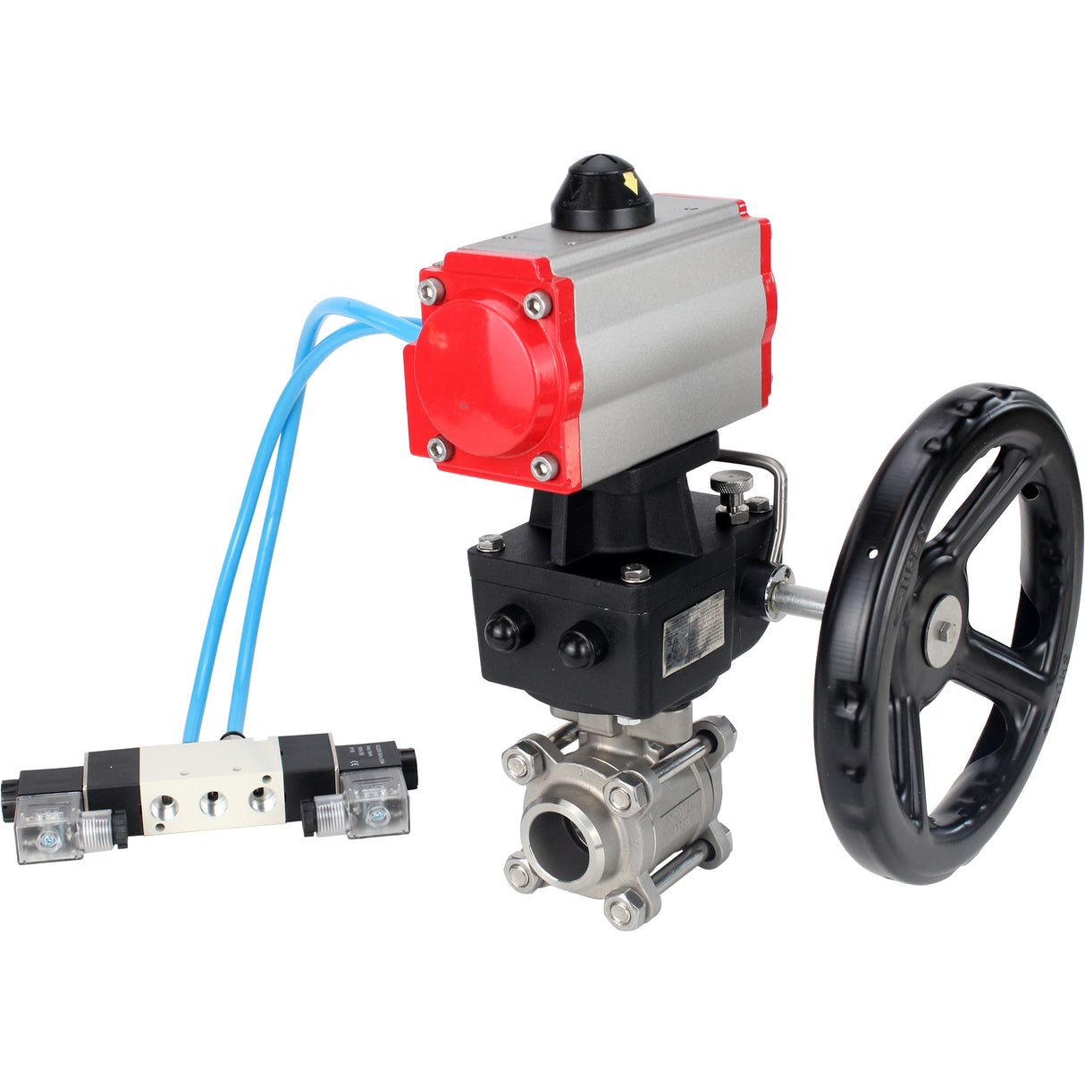 Ball valves Elephant BV3232P(3pc)-FP-W-ISO-H DN10-50 16 bar/40, full bore for welding, stainless steel SS316, seal - PTFE, with double-acting PA-DA pneumatic actuator, with pneumatic distributor 4V320-08 220V, with manual Doubler MON1-250-T26-ISO