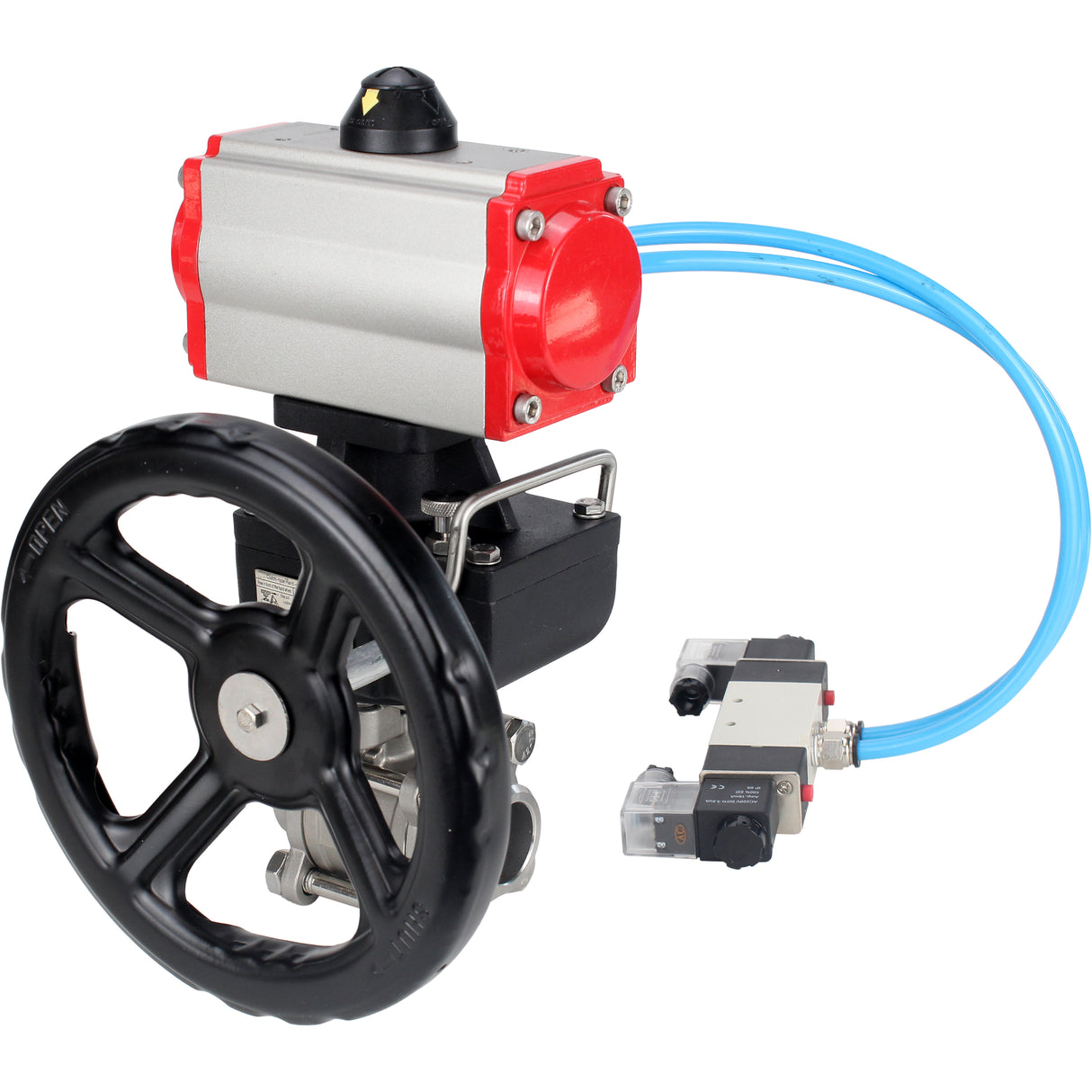 Ball valves Elephant BV3232P(3pc)-FP-W-ISO-H DN10-50 16 bar/40, full bore for welding, stainless steel SS316, seal - PTFE, with double-acting PA-DA pneumatic actuator, with pneumatic distributor 4V320-08 220V, with manual Doubler MON1-250-T26-ISO