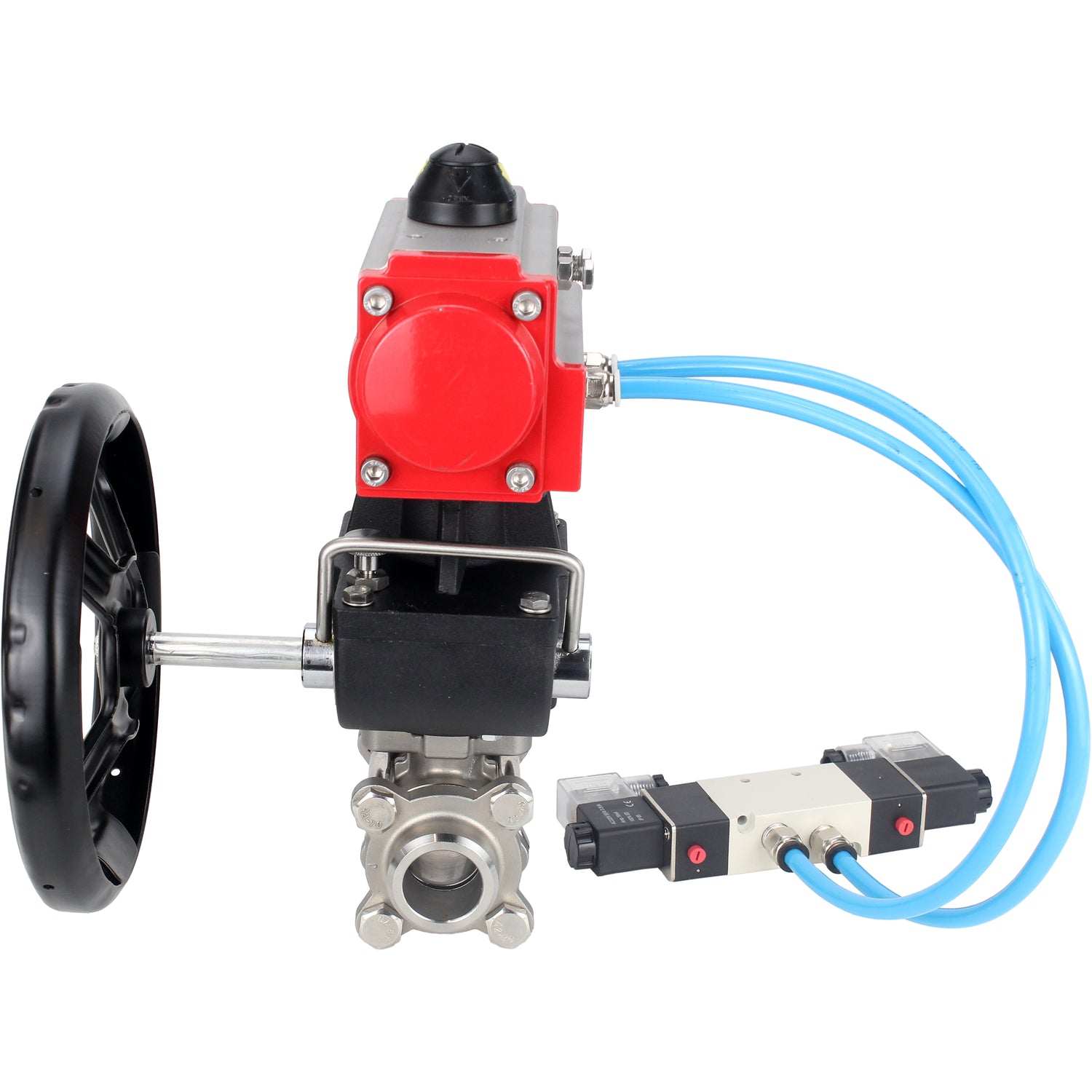 Ball valves Elephant BV3232P(3pc)-FP-W-ISO-H DN10-50 16 bar/40, full bore for welding, stainless steel SS316, seal - PTFE, with double-acting PA-DA pneumatic actuator, with pneumatic distributor 4V320-08 220V, with manual Doubler MON1-250-T26-ISO