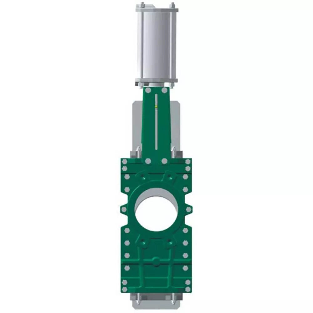 Vanne à guillotine avec lame traversante Elephant GVKRT3431N-2W-Fb-2P, matériau du corps - acier au carbone A216, matériau du couteau - acier inoxydable AISI 304, joint - NBR, actionneur pneumatique