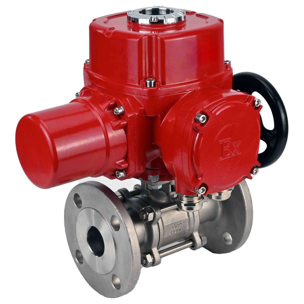 Robinet à boisseau sphérique en acier inoxydable Elephant BVFPT.304.180 en trois parties, matériau du corps - acier inoxydable SS304, joint - PTFE, à bride, passage intégral, actionneur électrique quart de tour Elephant QT-W (M) EX 220 V