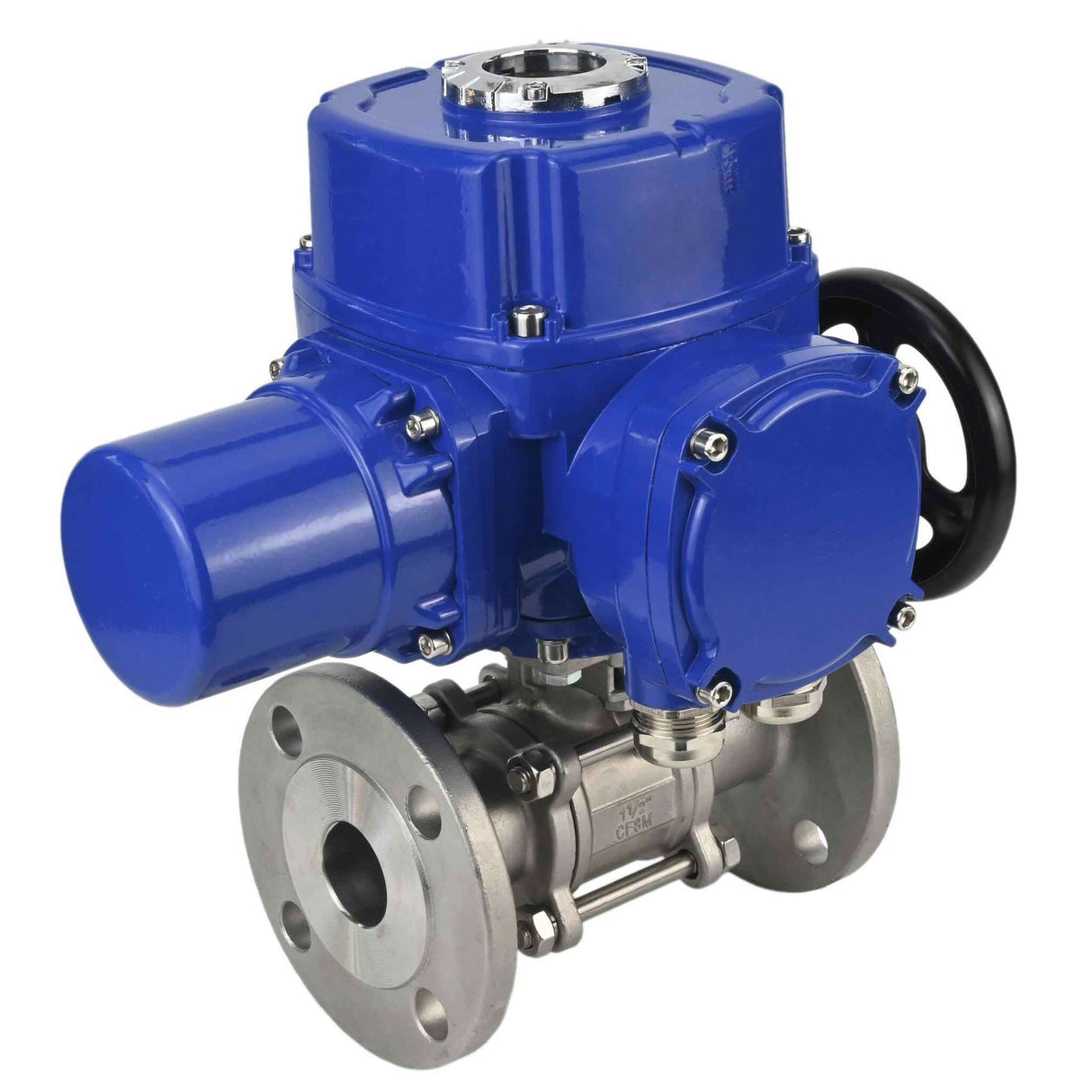 Robinet à boisseau sphérique en acier inoxydable Elephant BVFPT.304.180 en trois parties, matériau du corps - acier inoxydable SS304, joint - PTFE, à bride, passage intégral, actionneur électrique quart de tour Elephant QT-W (M) 220 V