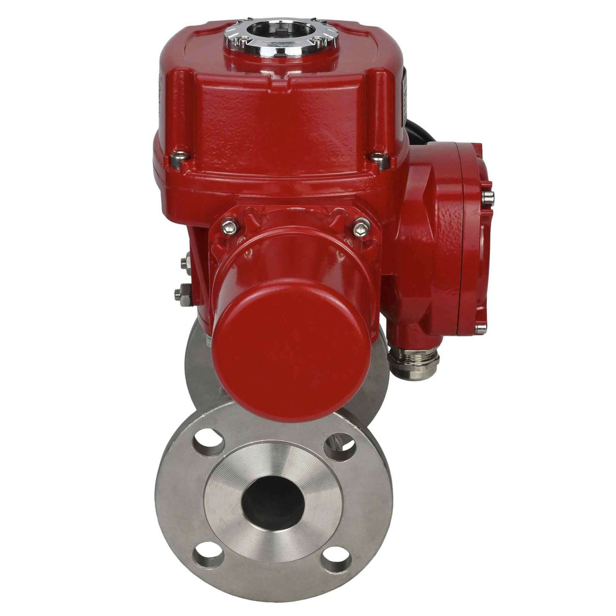 Robinet à boisseau sphérique en acier inoxydable Elephant BVFPT.304.180 en trois parties, matériau du corps - acier inoxydable SS304, joint - PTFE, à bride, passage intégral, actionneur électrique quart de tour Elephant QT-W (M) EX 380 V