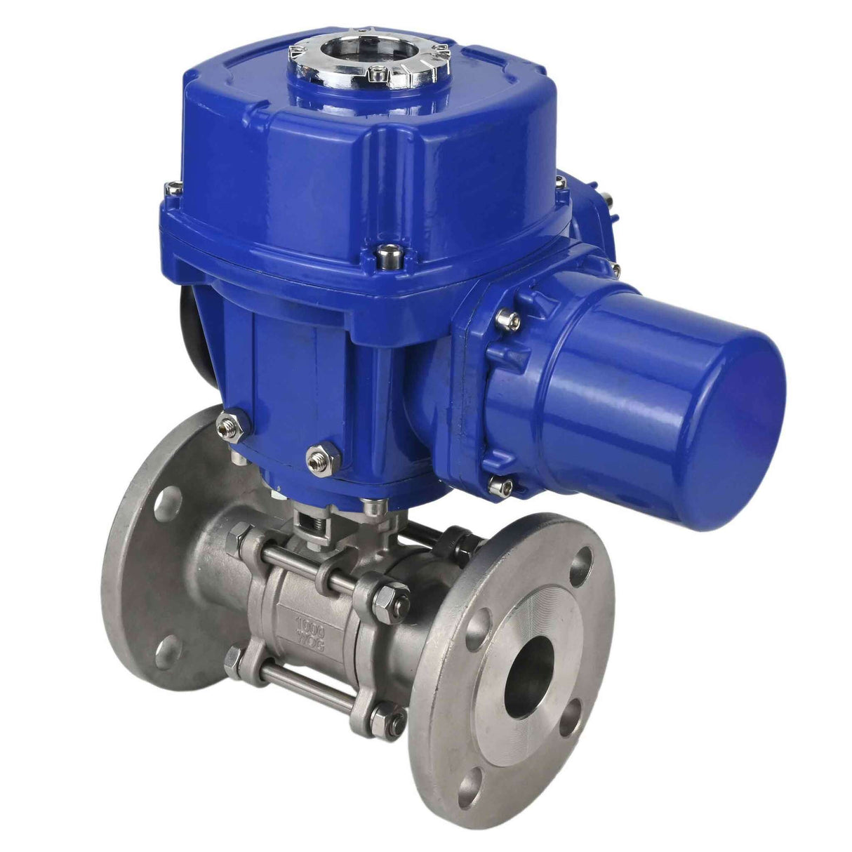 Robinet à boisseau sphérique en acier inoxydable Elephant BVFPT.304.180 en trois parties, matériau du corps - acier inoxydable SS304, joint - PTFE, à bride, passage intégral, actionneur électrique quart de tour Elephant QT-W (M) 220 V