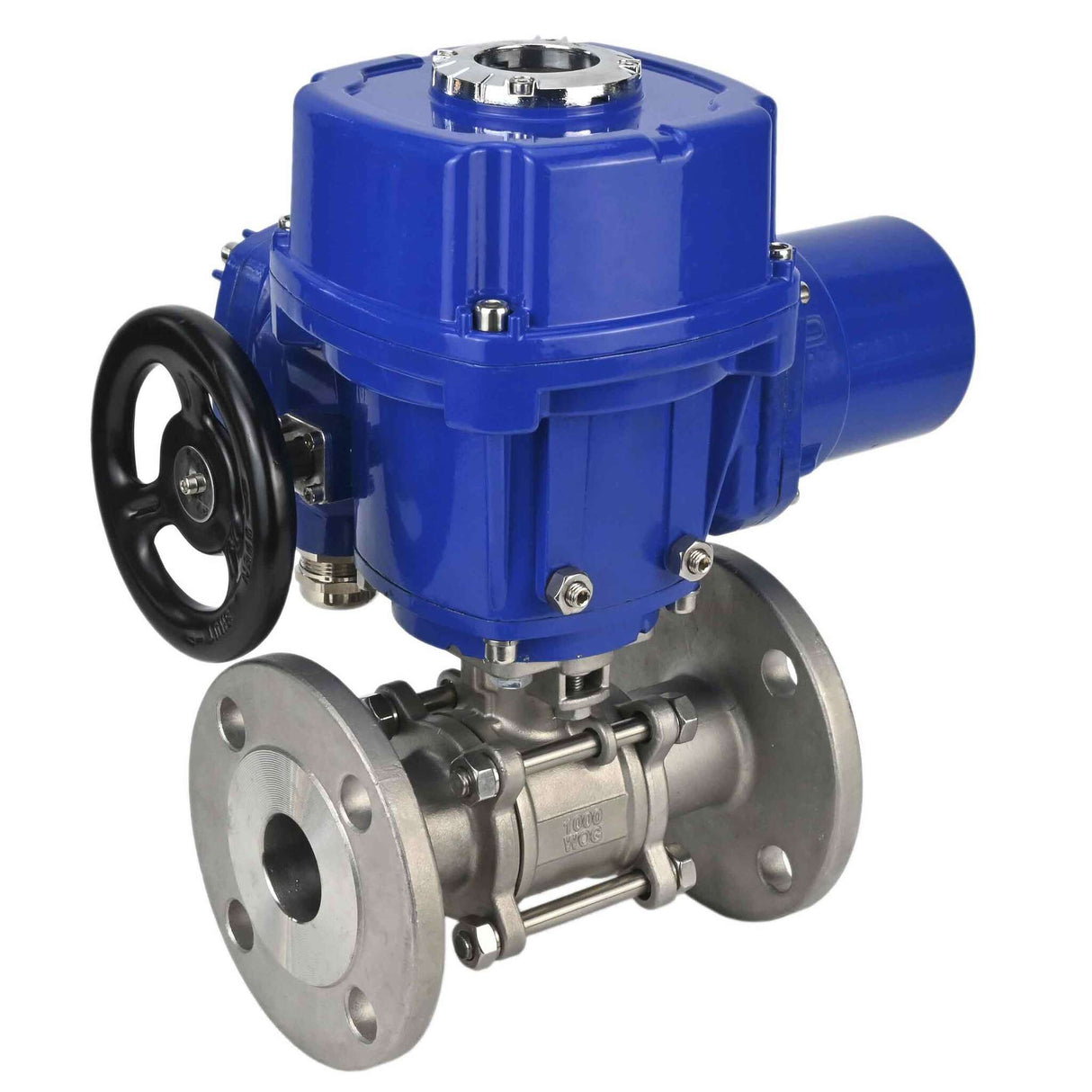Robinet à boisseau sphérique en acier inoxydable Elephant BVFPT.304.180 en trois parties, matériau du corps - acier inoxydable SS304, joint - PTFE, à bride, passage intégral, actionneur électrique quart de tour Elephant QT-W (M) 220 V