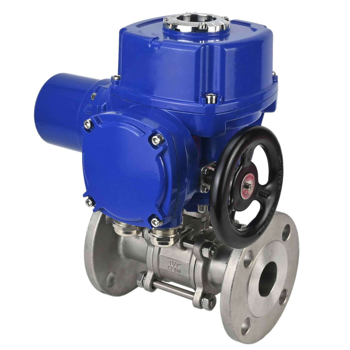 Robinet à boisseau sphérique en acier inoxydable Elephant BVFPT.304.180 en trois parties, matériau du corps - acier inoxydable SS304, joint - PTFE, à bride, passage intégral, actionneur électrique quart de tour Elephant QT-W (M) 220 V