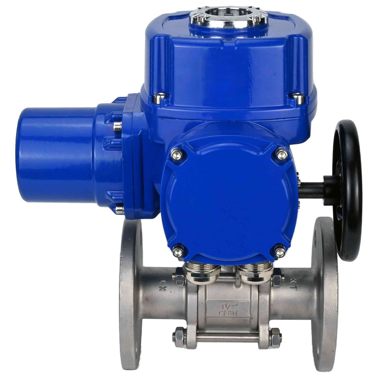 Robinet à boisseau sphérique en acier inoxydable Elephant BVFPT.304.180 en trois parties, matériau du corps - acier inoxydable SS304, joint - PTFE, à bride, passage intégral, actionneur électrique quart de tour Elephant QT-W (M) 220 V
