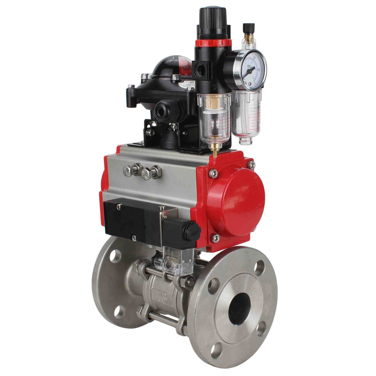 Robinet à boisseau sphérique en acier inoxydable Elephant ksfpt-316-180-da-4m310-110/220v-apl210n-afc2000, matériau du corps - acier inoxydable AISI 316, matériau de la bille - acier inoxydable AISI 316, joint - PTFE, actionné par actionneur pneumatique