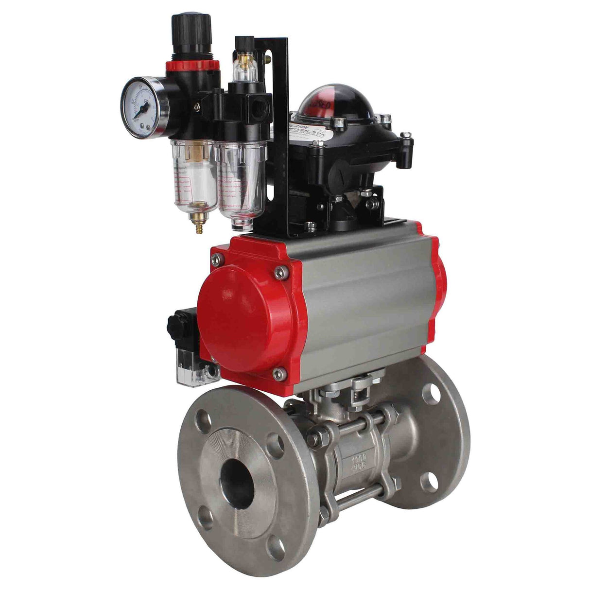 Robinet à boisseau sphérique en acier inoxydable Elephant ksfpt-304-180-da-4m310-110/220v-apl210n-afc2000, matériau du corps - acier inoxydable AISI 304, matériau de la bille - acier inoxydable AISI 304, joint - PTFE, actionné par actionneur pneumatique