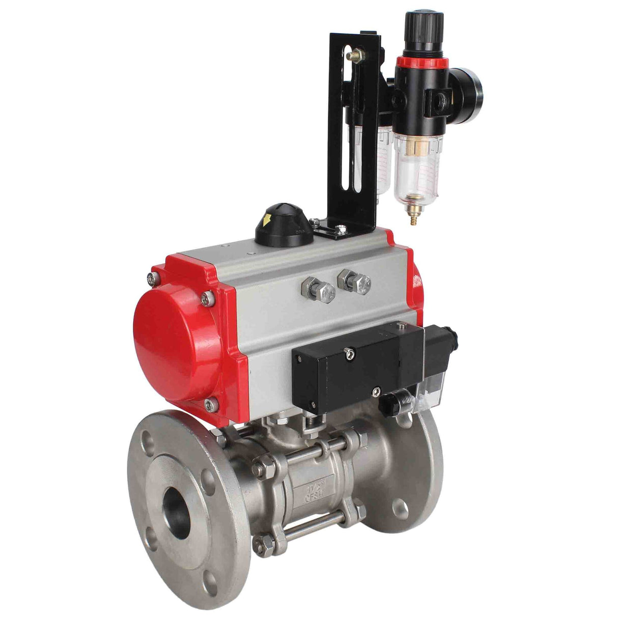 Robinet à boisseau sphérique en acier inoxydable Elephant ksfpt-304-180-sa-4m310-24v-afc2000, matériau du corps - acier inoxydable AISI 304, matériau de la bille - acier inoxydable AISI 304, joint - PTFE, actionné par actionneur pneumatique